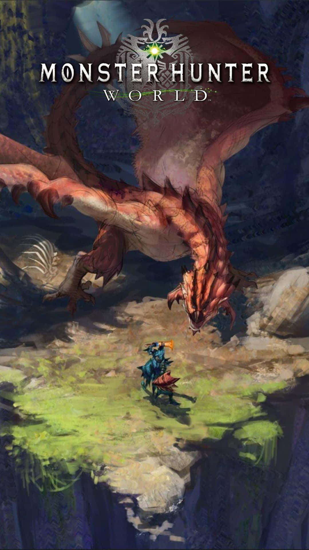 Android Monster Hunter World 桌布 壁紙 — 一名孤獨的獵人穿著藍色盔甲，挑釁地站在長滿苔蘚的懸崖邊緣，面對黑暗洞穴環境中的巨大紅龍。