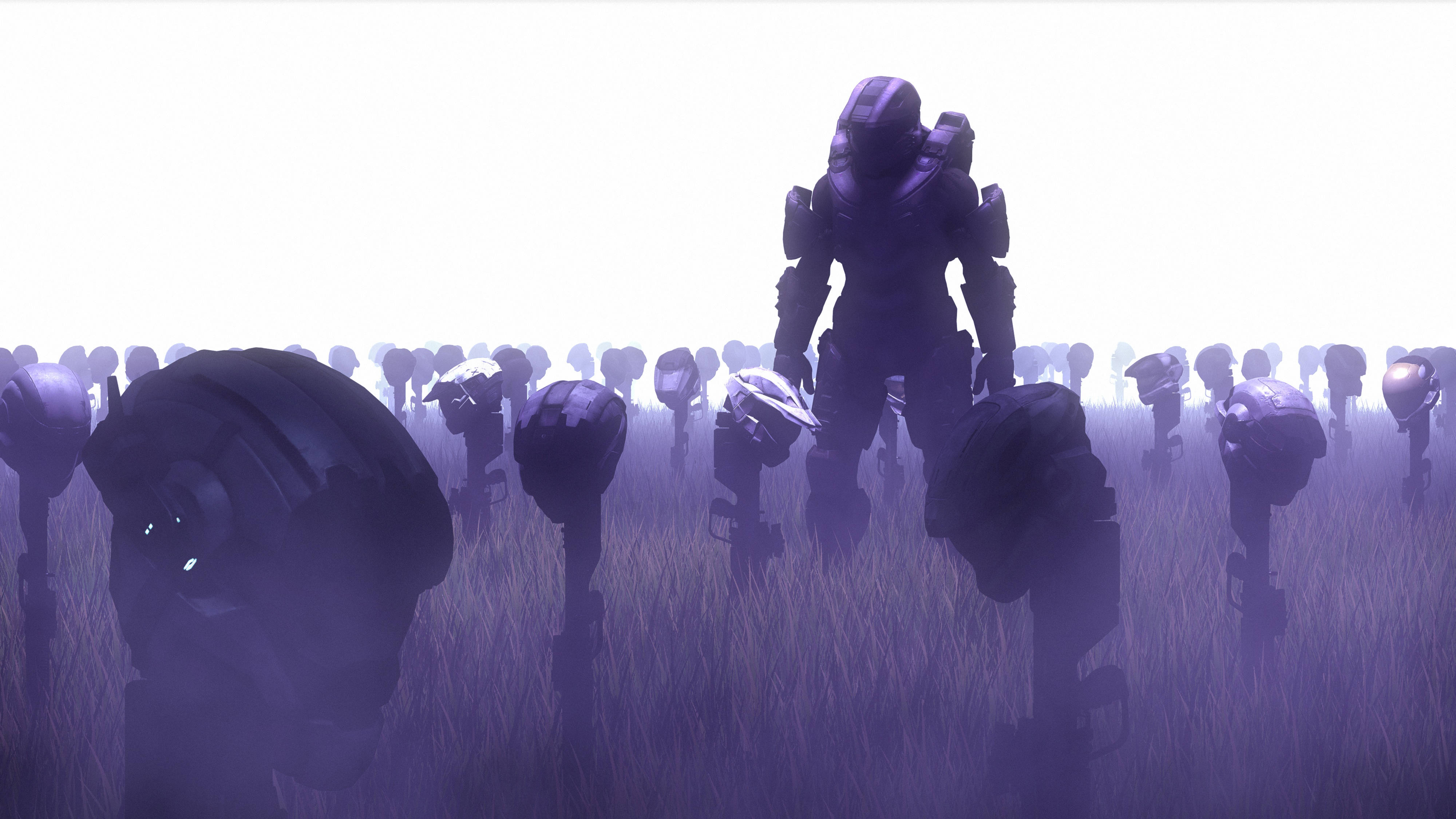 Master Chief 桌布 壁紙 — 一名孤獨的裝甲士兵站在一片頭盔人物的田野中，背景是朦朧的紫色天空。