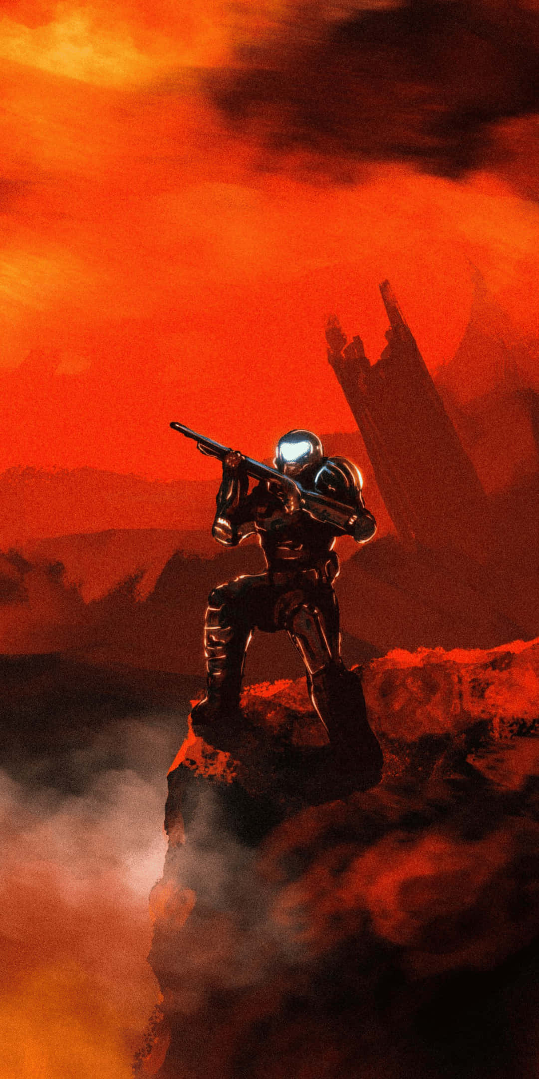 Pixel 3 Doom 桌布 壁紙 — 一名孤獨的裝甲士兵站在岩石露頭上，瞄準步槍，對抗熾熱的橙色和紅色外星天空，遠方有廢墟。