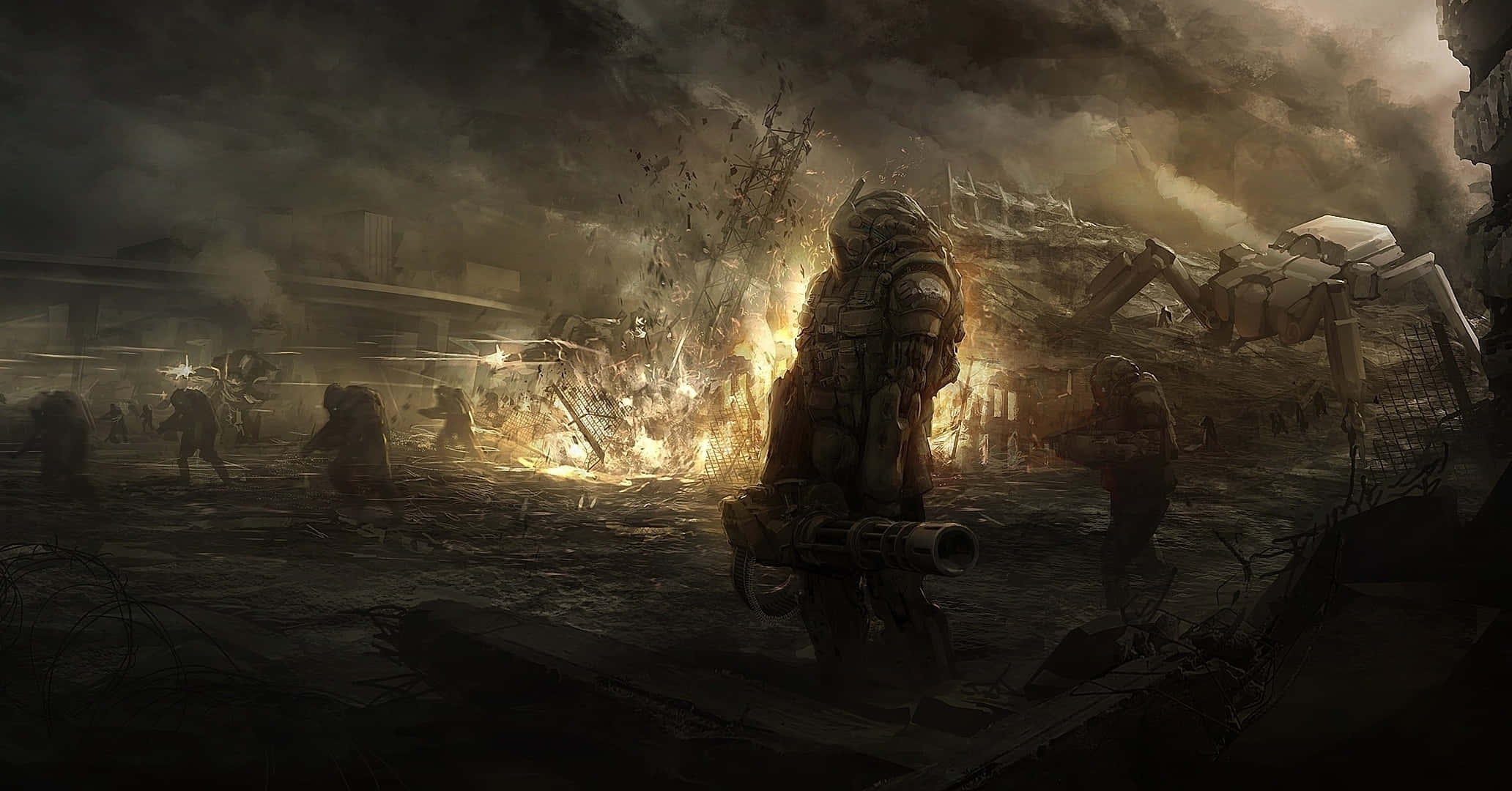 Dark Dystopian 桌布 壁紙 — 一名孤獨的裝甲士兵站在燃燒的戰場中，周圍是廢墟建築和煙霧，天空陰暗。