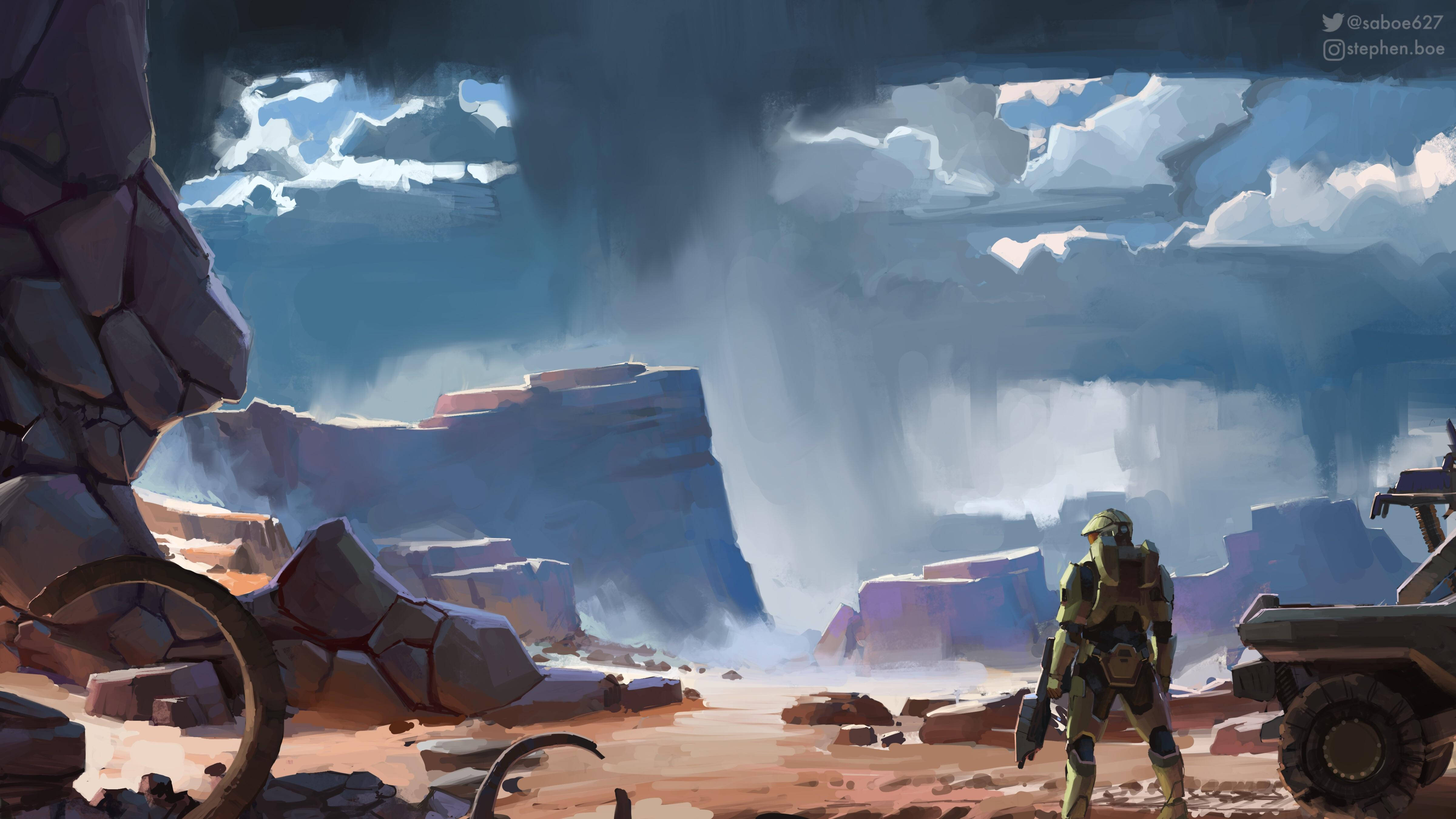 Halo Infinite 4K 桌布 壁紙 — 一名孤獨的裝甲士兵站在荒涼的岩石峽谷中，天空風暴來襲，附近有一輛車輛。