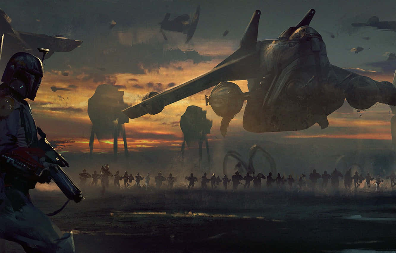Battlefield 桌布 壁紙 — 一名孤獨的裝甲戰士，站在龐大的士兵軍隊和高聳的步行機面前，背景是火紅的日落天空。