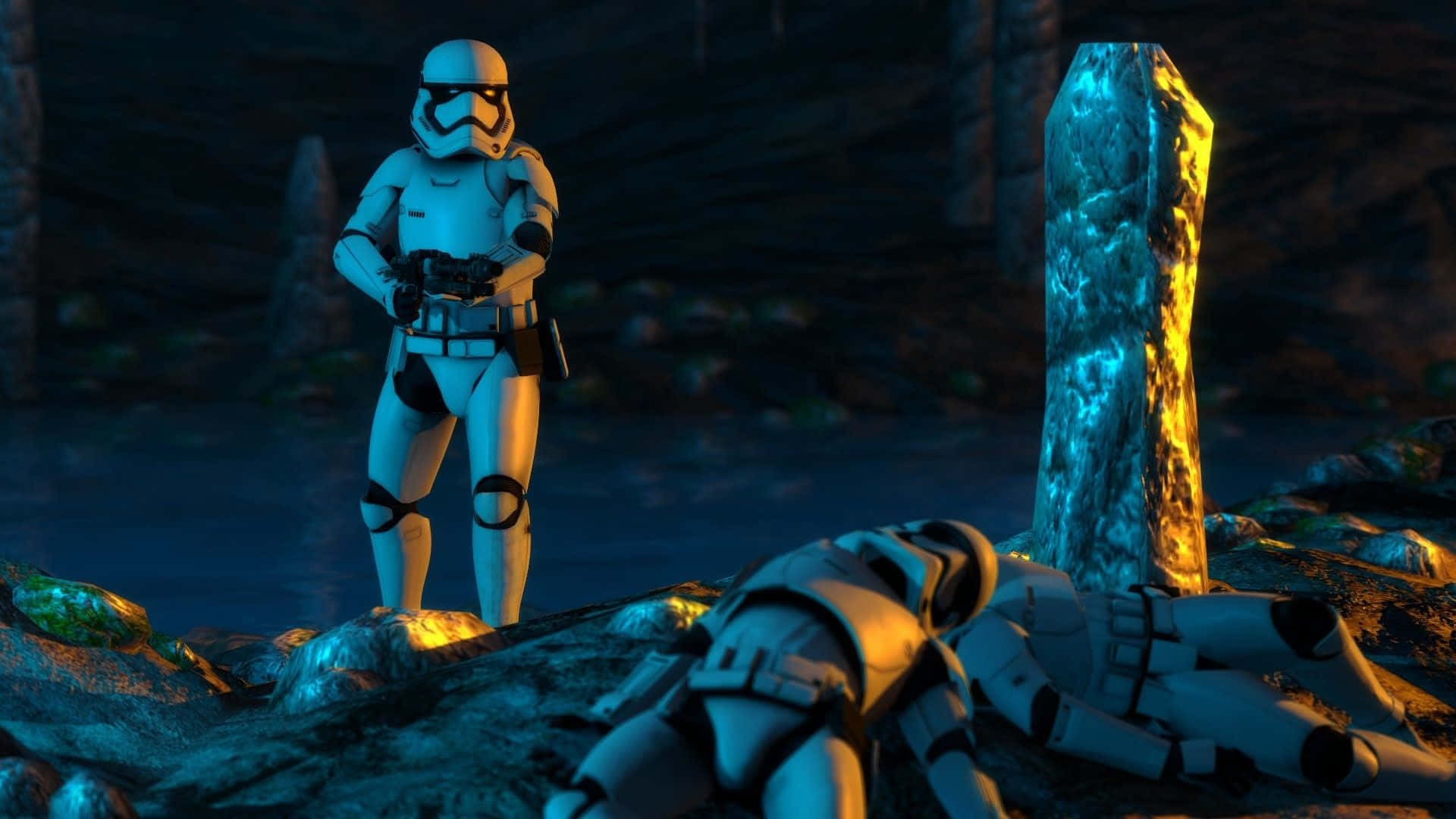 Gaming Mods 桌布 壁紙 — 一名孤獨的風暴兵在黑暗的外星森林中，守護著倒在發光藍色巨石旁的同伴。