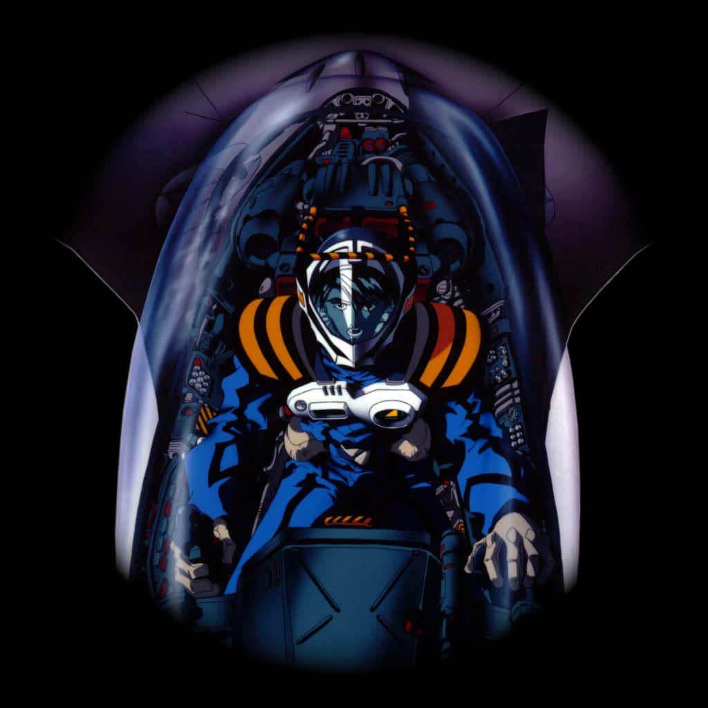 Macross 桌布 壁紙 — 一名孤獨的飛行員穿著藍色和橙色的飛行服，坐在一個未來主義的駕駛艙內，控制裝置發光，背景黑暗。