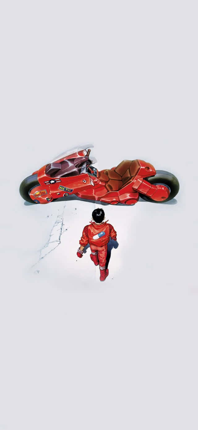 Animation 桌布 壁紙 — 一名孤獨的騎士身穿紅色裝備，在荒涼的白色雪原上走向一輛未來風格的紅色機車。