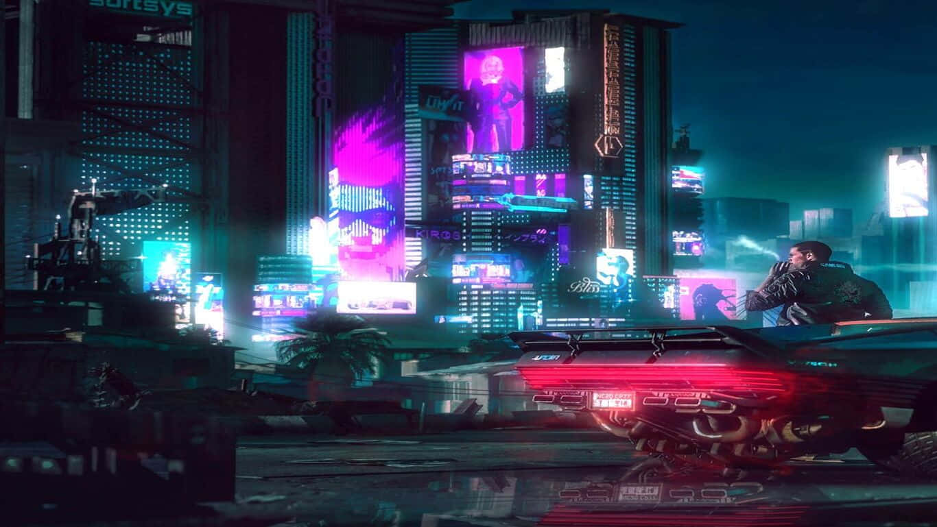 電馭叛客2077 桌布 壁紙 — 一名孤獨的騎士騎著一輛發光的紅色機車，在夜晚穿梭於霓虹燈閃爍的賽博龐克城市景觀中，周圍是高聳的數位廣告看板。