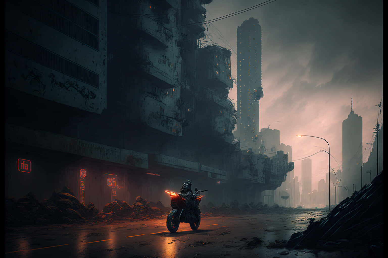 Dark Cyberpunk 桌布 壁紙 — 一名孤獨的騎士騎著發光的摩托車，在黃昏時分穿梭於雨濕的、反烏托邦的城市街道，周圍是破舊的摩天大樓和霓虹燈招牌。