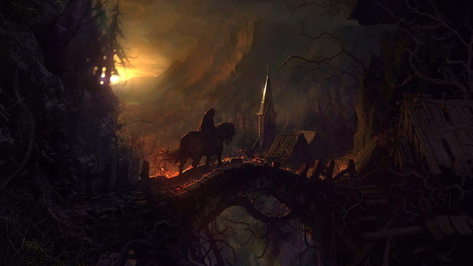 Castlevania 桌布 壁紙 — 一名孤獨的騎手騎著馬，穿過一座搖搖欲墜的石橋，穿越黑暗扭曲的森林，熾熱的夕陽在遠山背後閃耀。