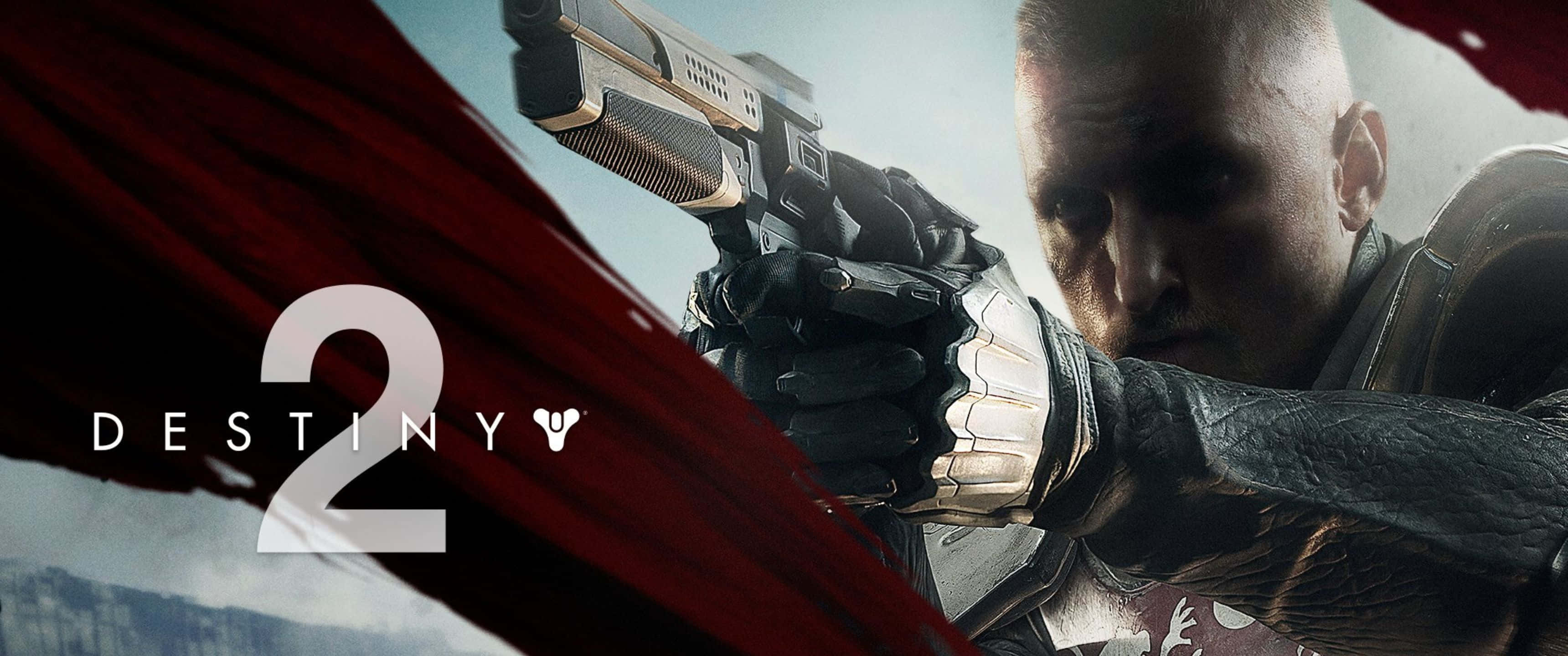 Game Art 桌布 壁紙 — 一名專注的士兵穿著未來風格的盔甲，在帶有Destiny 2標誌的戲劇性紅灰背景下瞄準一把高科技手槍。