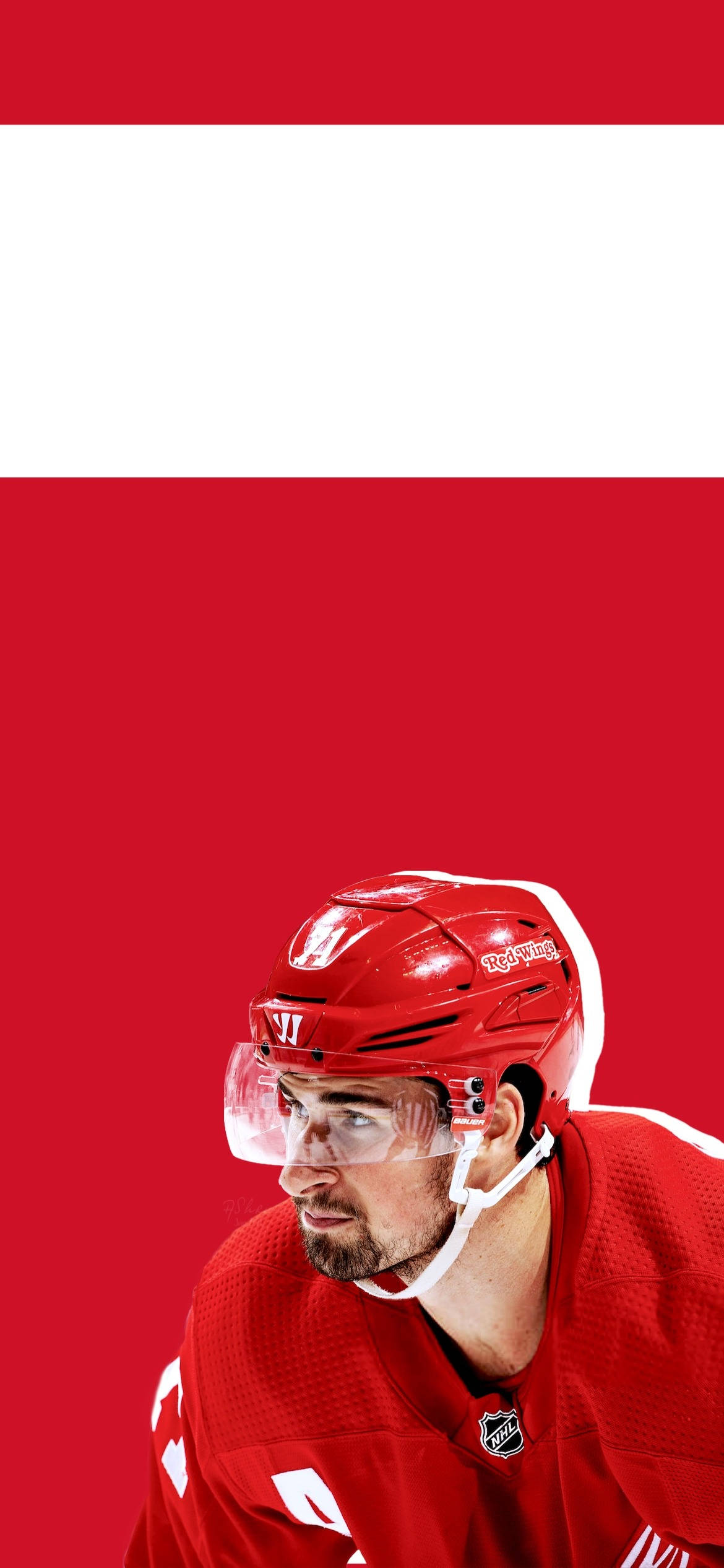 hockey 桌布 壁紙 — 一名專注的曲棍球運動員身穿紅色裝備，在鮮明的紅白背景下凝視前方。