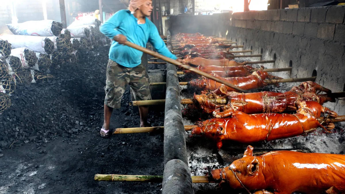 Pig 桌布 壁紙 — 一名工人在煙霧瀰漫的戶外廚房照料一排排正在熾熱炭火上烤的整豬。