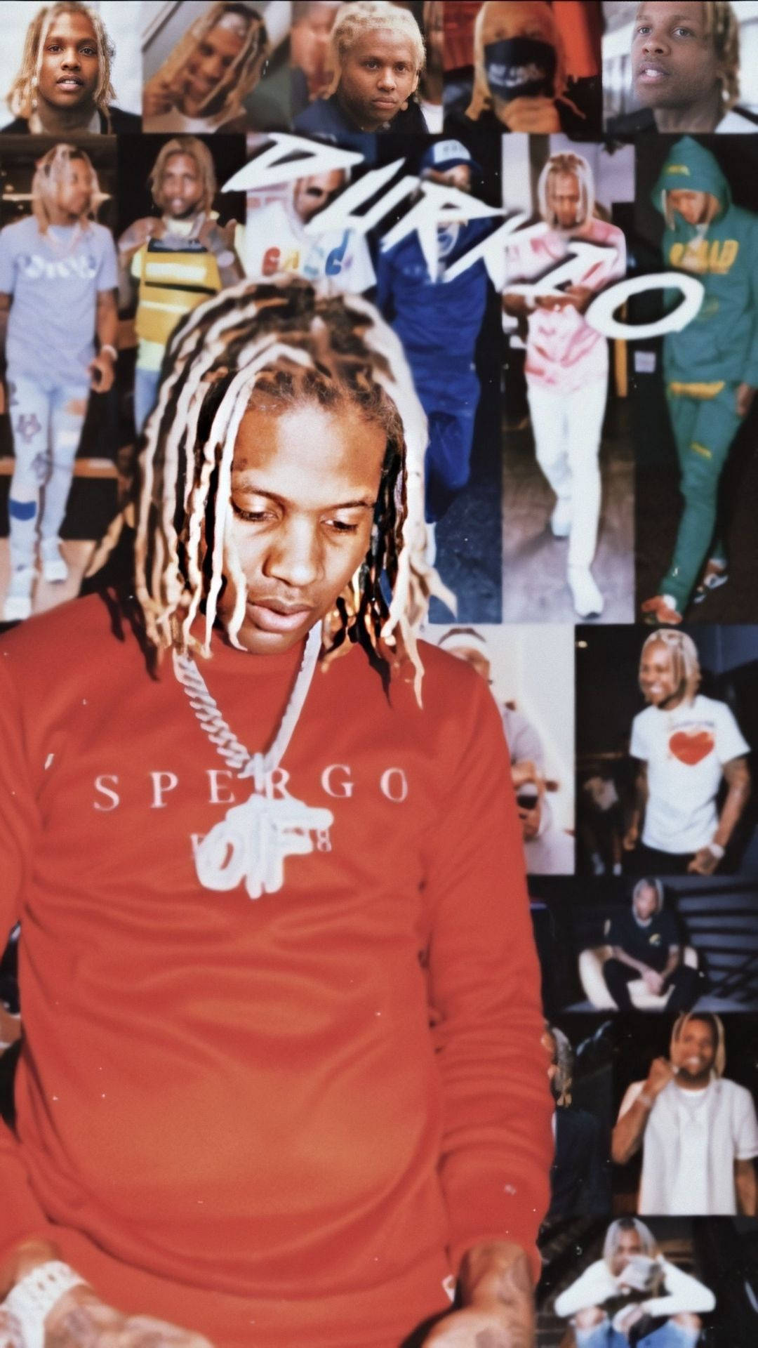 Lil Durk 桌布 壁紙 — 一名帶有白色尖端辮子、身穿紅色Spergo襯衫的男子，低頭看著自己照片的拼貼畫。