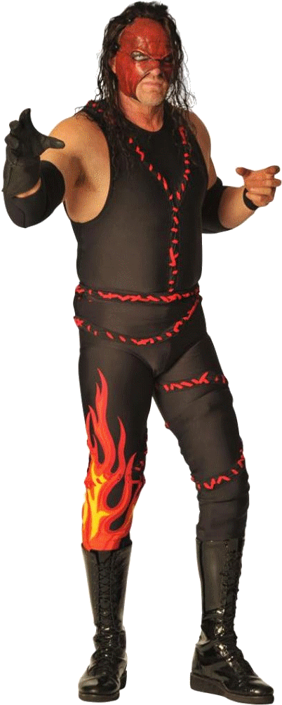 WWE 桌布 壁紙 — 一名帶有紅色臉部彩繪和黑色火焰圖案裝備的威脅性摔角手，在純色背景前擺出戲劇性的姿勢。