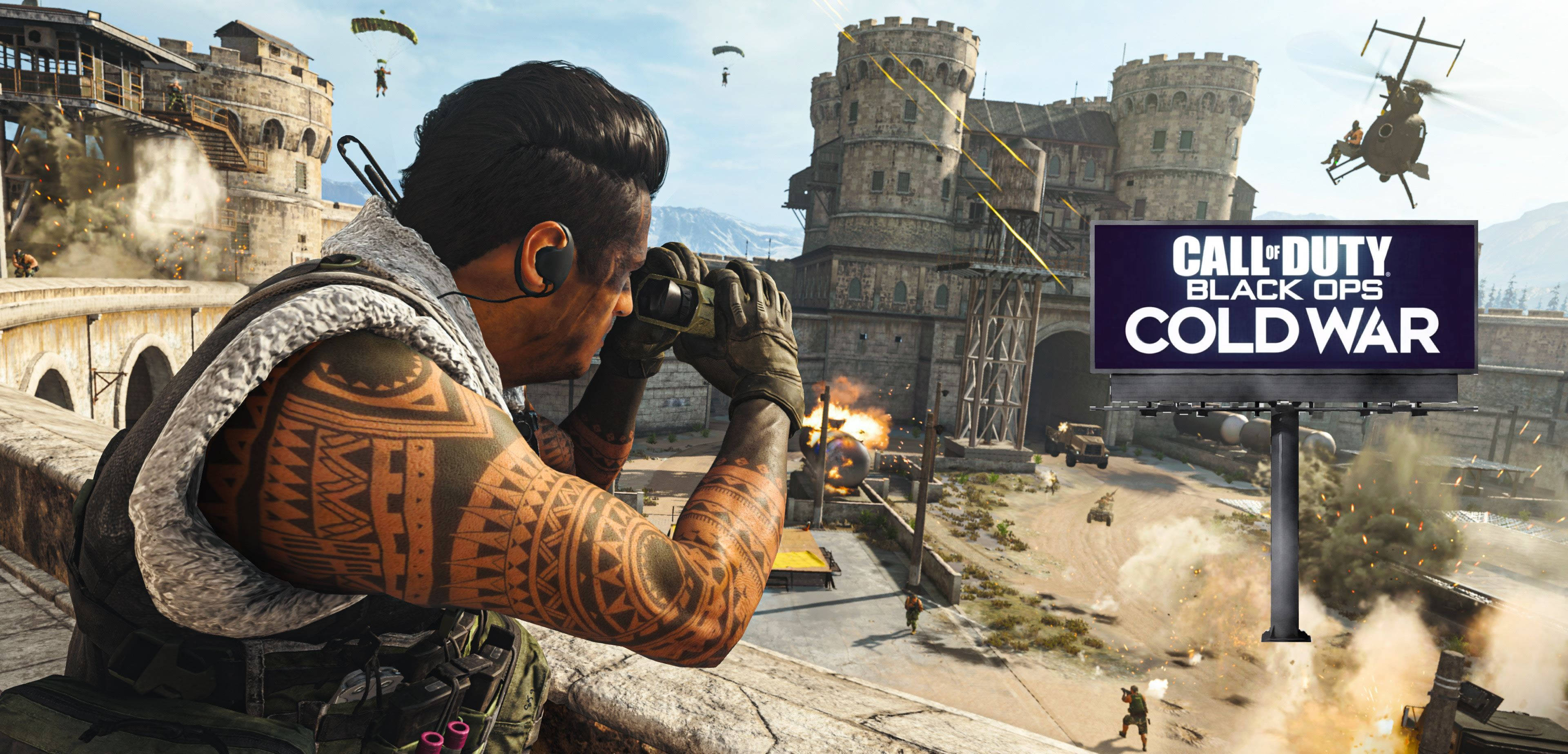 Cod 桌布 壁紙 — 一名帶有部落紋身的士兵正在瞄準城堡附近的戰場，直升機和降落傘在爆炸中下降。