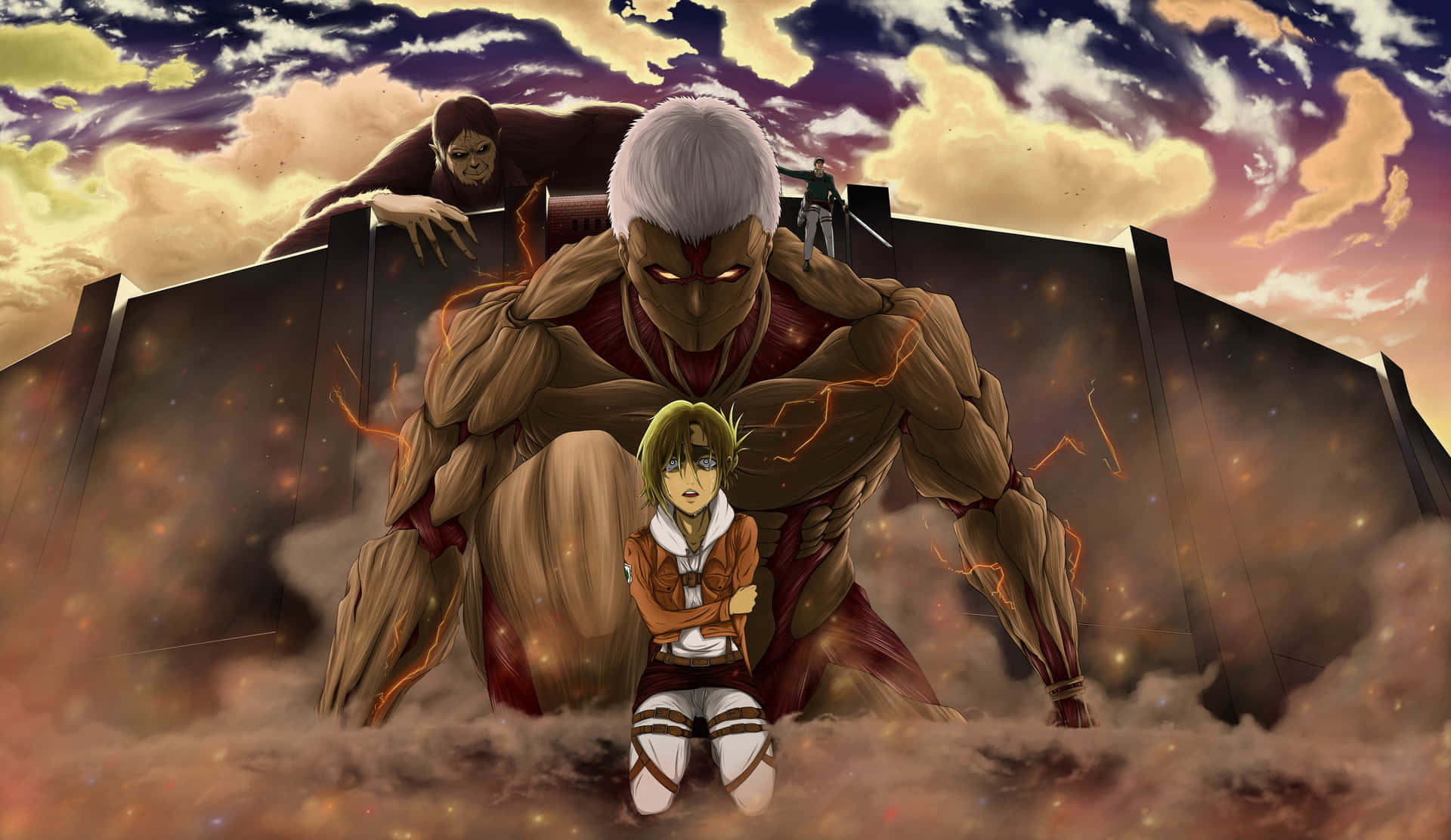 Armored Titan 桌布 壁紙 — 一名年輕士兵跪在一個擁有發光眼睛和劈啪作響能量的巨大泰坦面前，背景是戲劇性的日落天空。
