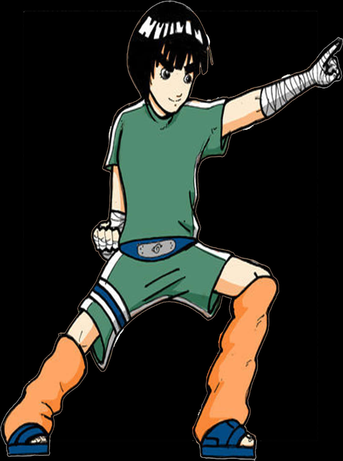Anime Character 桌布 壁紙 — 一名年輕忍者穿著綠色裝備和橙色護腿，在黑色背景下擺出動態姿勢。