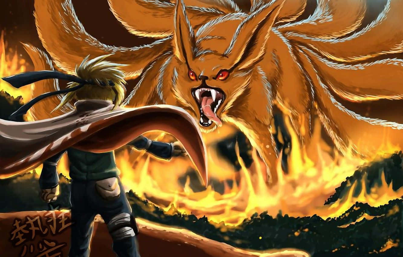 Fourth Hokage 桌布 壁紙 — 一名年輕忍者面對一隻巨大的九尾狐，牠燃燒著火橙色的毛髮和發光的紅眼睛，背景是一片燃燒的大地。