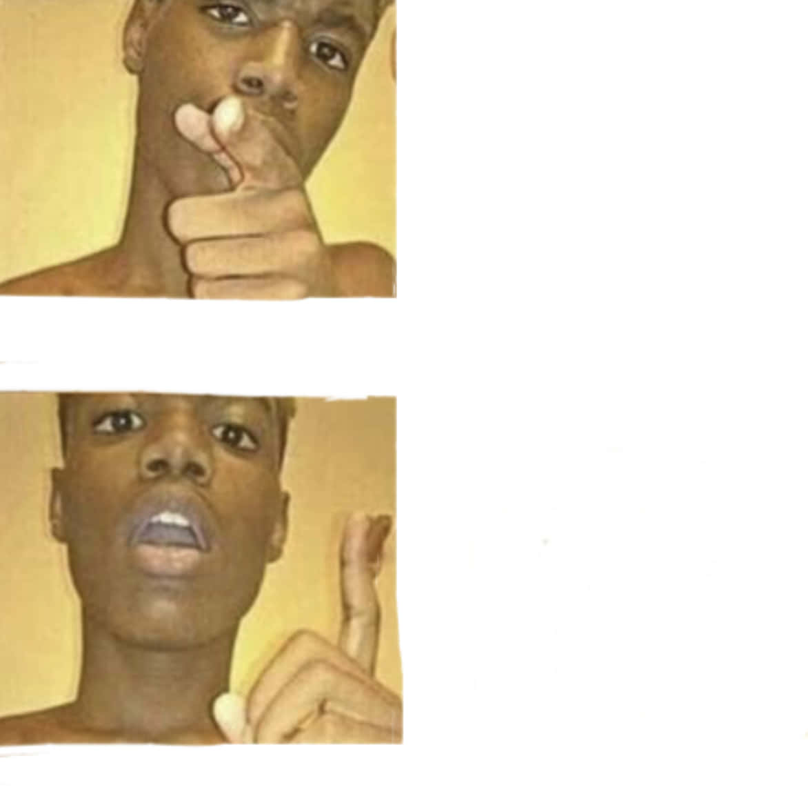 Blank Meme 桌布 壁紙 — 一名年輕男子在分割畫面迷因格式中，對著純黃色牆壁做出豎中指的不禮貌手勢。