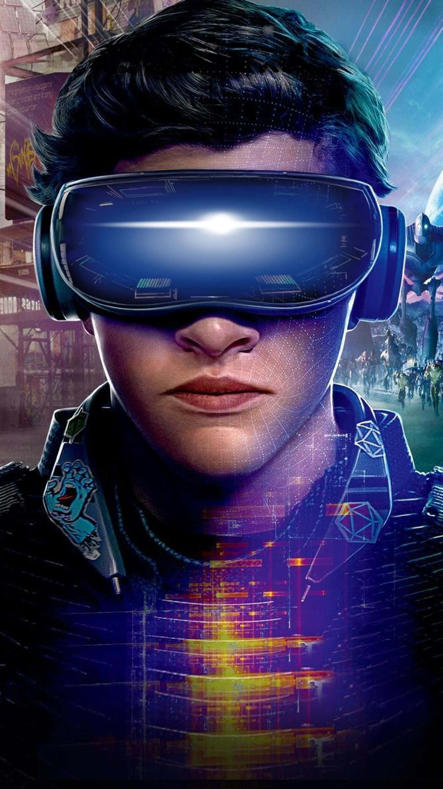 virtual reality 桌布 壁紙 — 一名年輕男子戴著未來感VR眼鏡，散發數位數據光芒，背景是霓虹賽博龐克城市景觀。