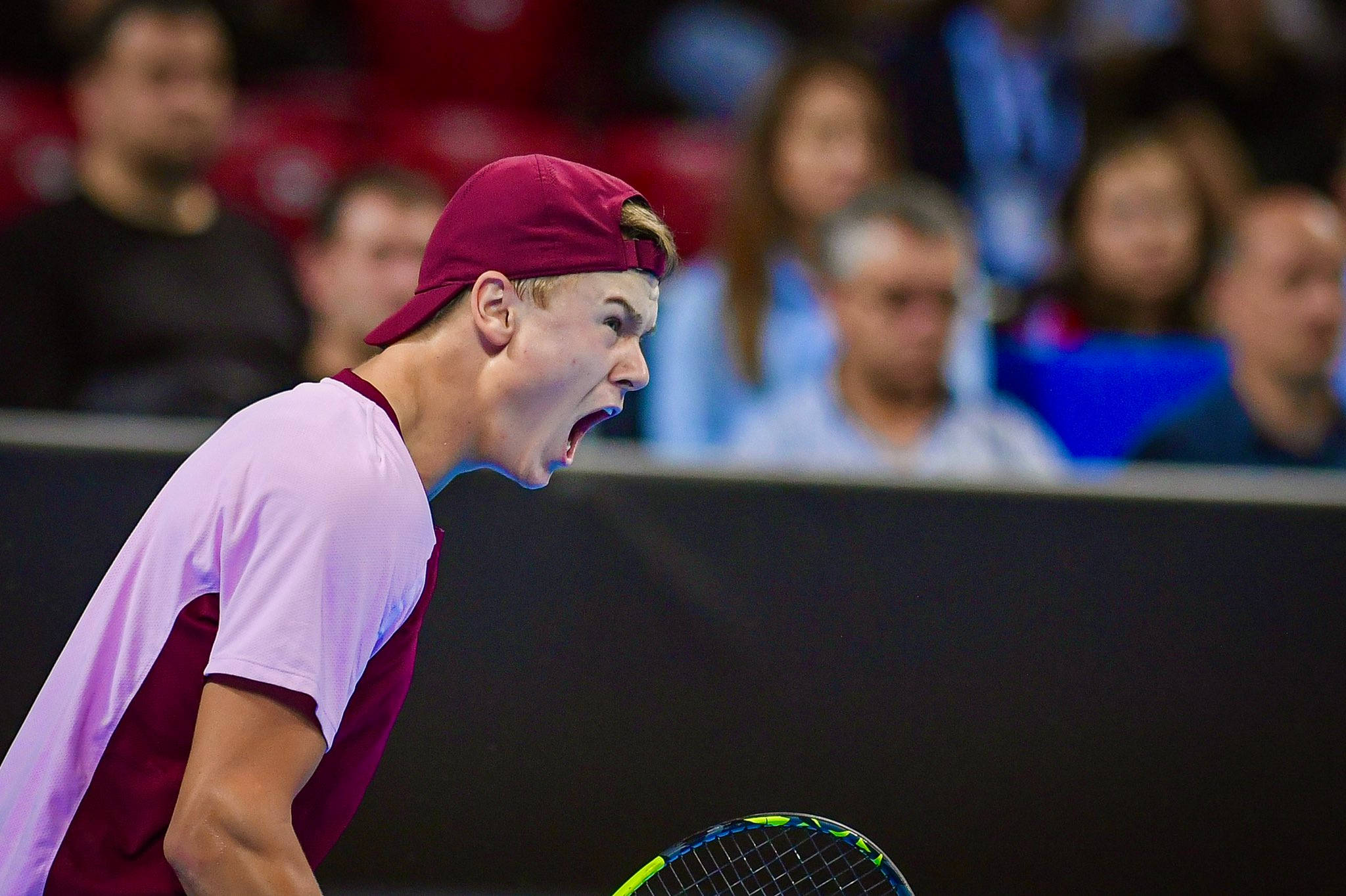Tennis 桌布 壁紙 — 一名年輕男網球運動員戴著栗色帽子和穿著栗色襯衫，在比賽中握著球拍，專注地吶喊。