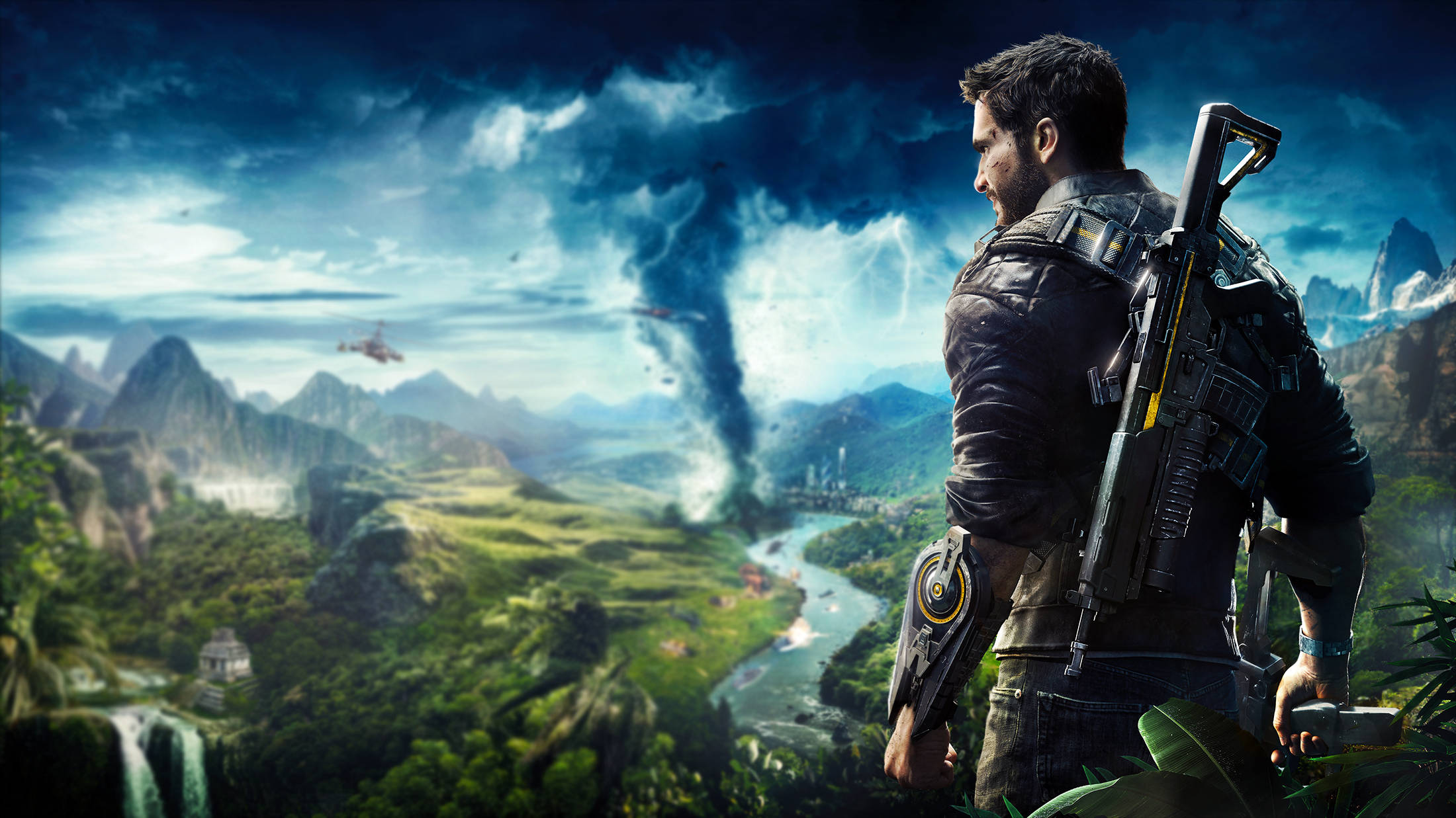 Just Cause 4 桌布 壁紙 — 一名強壯的士兵手持步槍，俯瞰著茂密的叢林山谷，遠處一場巨大的龍捲風在暴風雨的天空下肆虐。