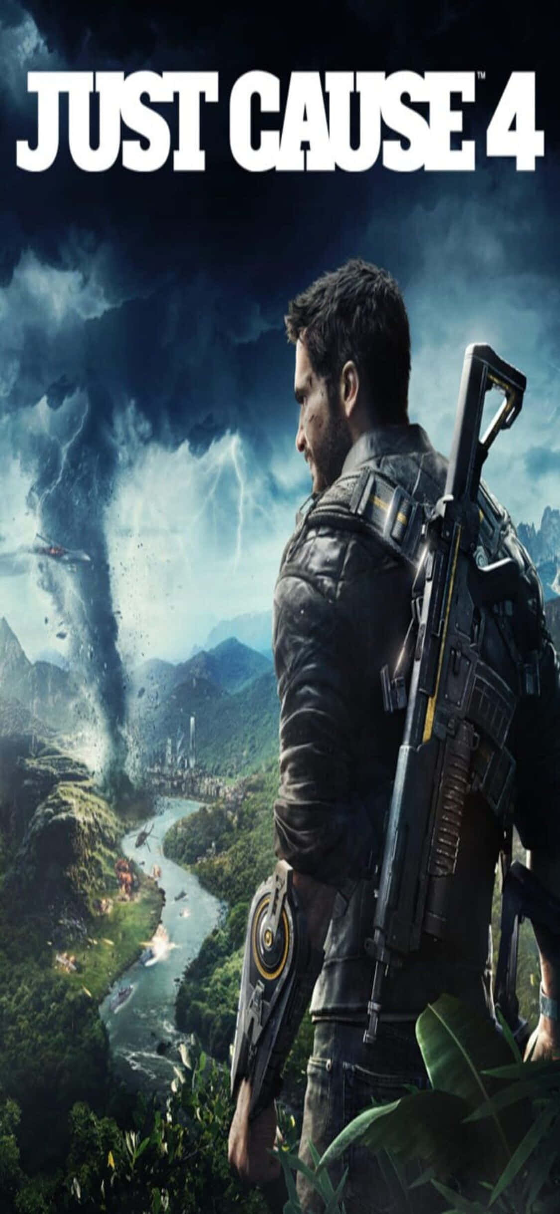 iPhone X Just Cause 4 桌布 壁紙 — 一名強壯的士兵手持步槍，俯瞰著鬱鬱蔥蔥的山谷，而遠處在暴風雨的天空下，一場巨大的龍捲風正在肆虐。