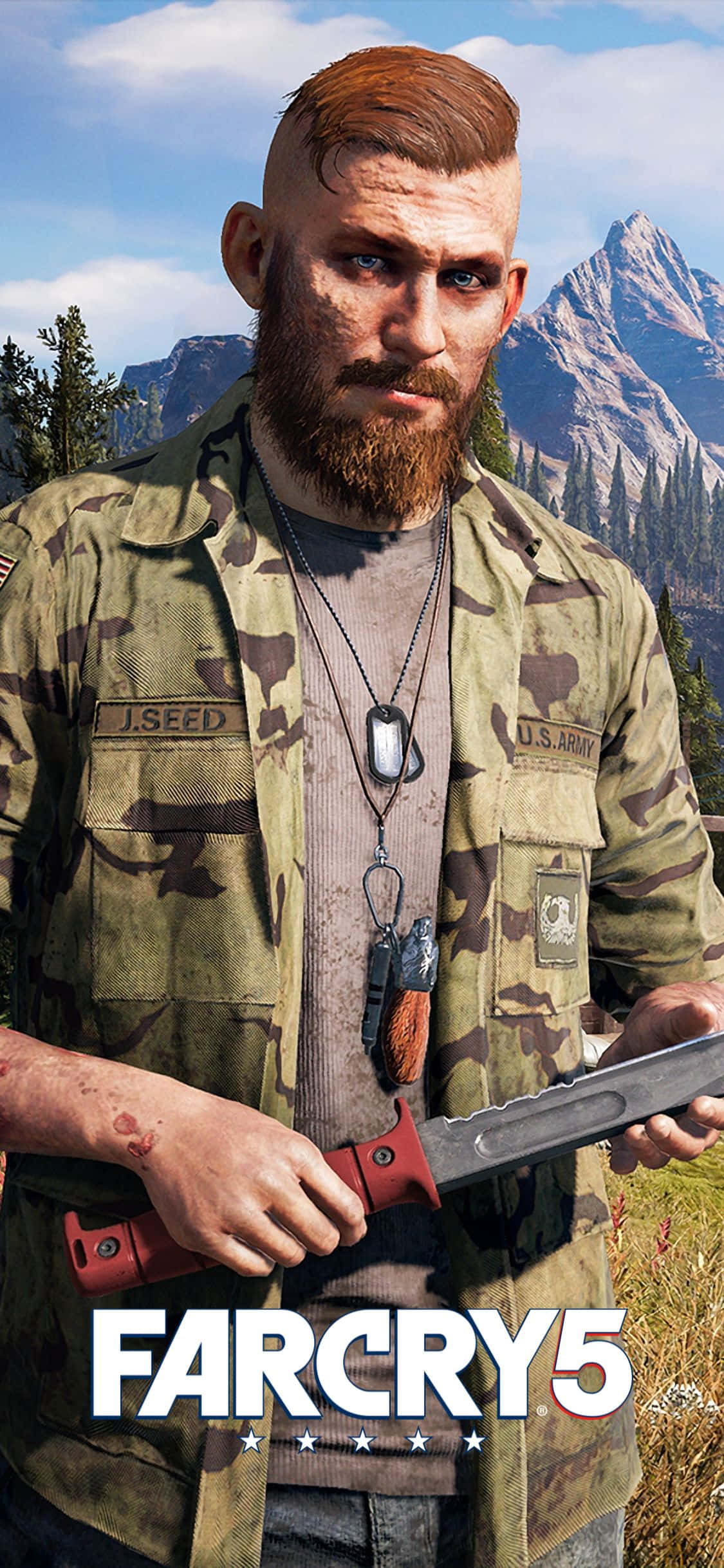 iPhone Xs Far Cry 5 桌布 壁紙 — 一名強壯的鬍鬚士兵穿著迷彩服，在明亮的天空下，以山脈為背景，握著一把血淋淋的刀。