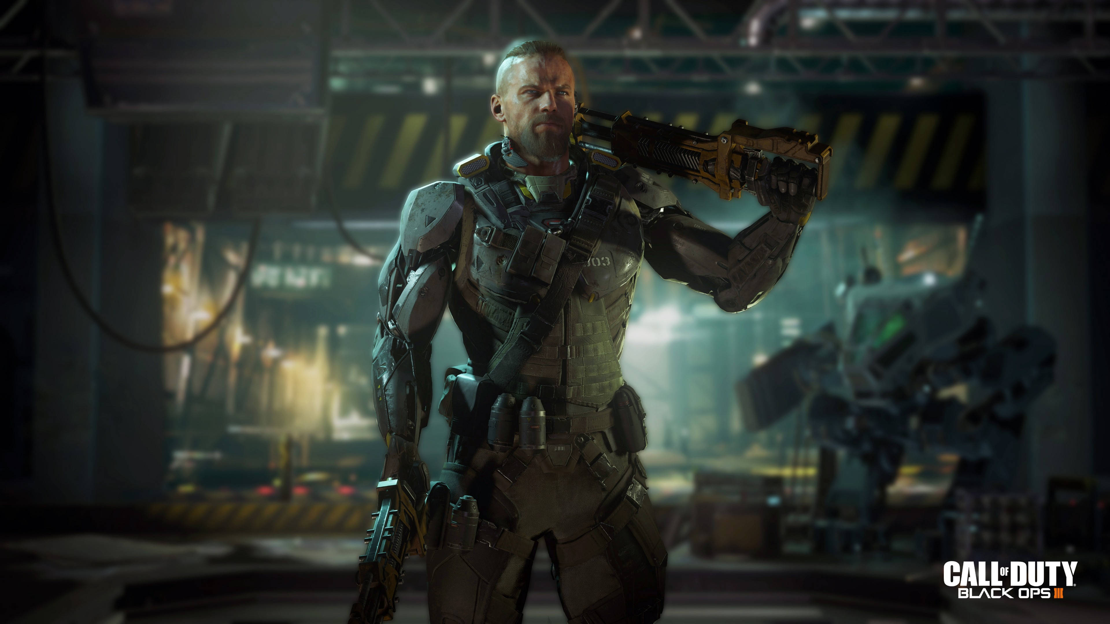 Call Of Duty Black Ops 3 桌布 壁紙 — 一名強悍的士兵身穿戰術裝備，在光線昏暗的工業設施中持步槍準備就緒。