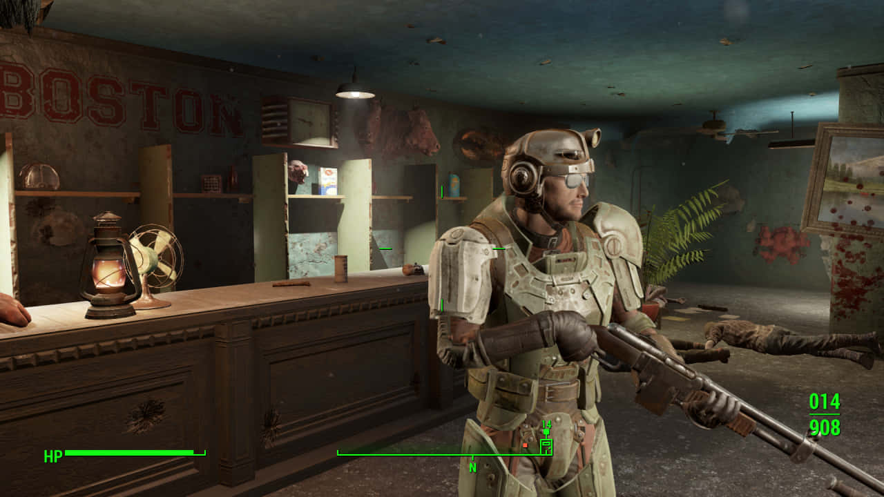 Fallout Characters 桌布 壁紙 — 一名後末日士兵身穿動力裝甲，站在破敗的波士頓酒吧中，手持步槍，周圍是腐朽和血跡。