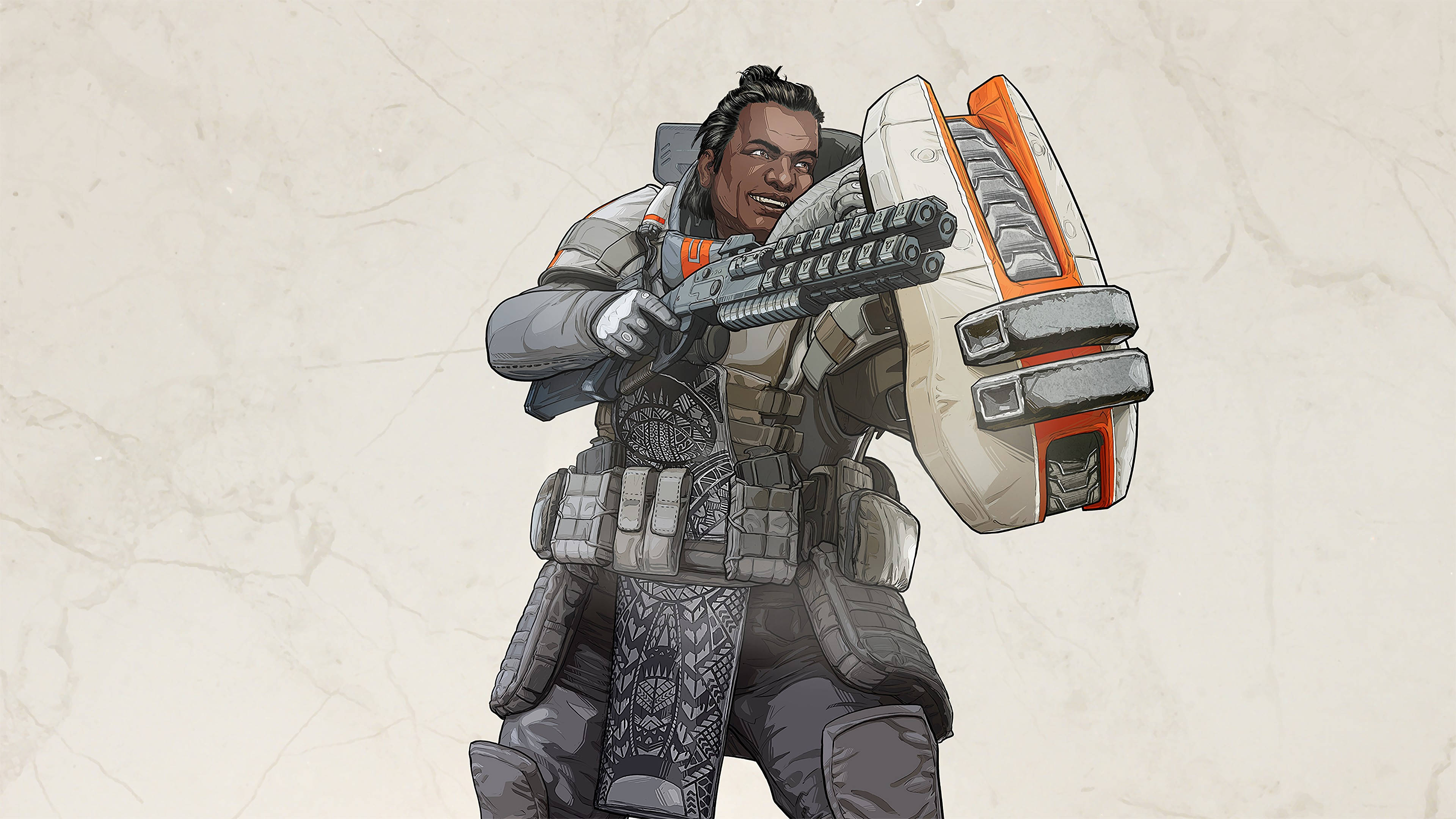 Legends 桌布 壁紙 — 一名微笑的士兵身穿戰術裝備，手持重型武器和盾牌，背景為有紋理的米色背景。