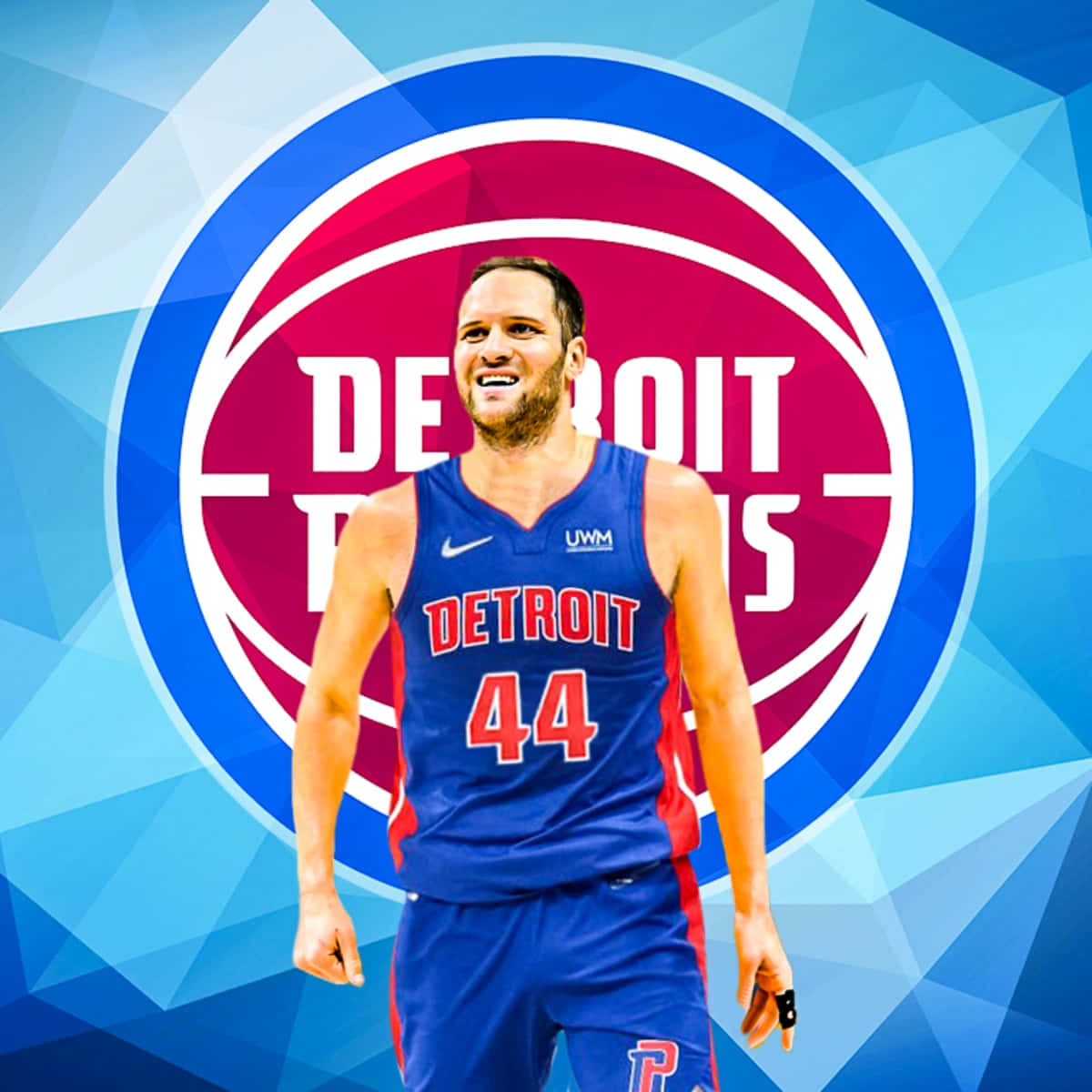 NBA 桌布 壁紙 — 一名微笑的籃球運動員身穿底特律活塞隊球衣，自信地站在風格化的球隊標誌前，背景為藍色幾何圖案。
