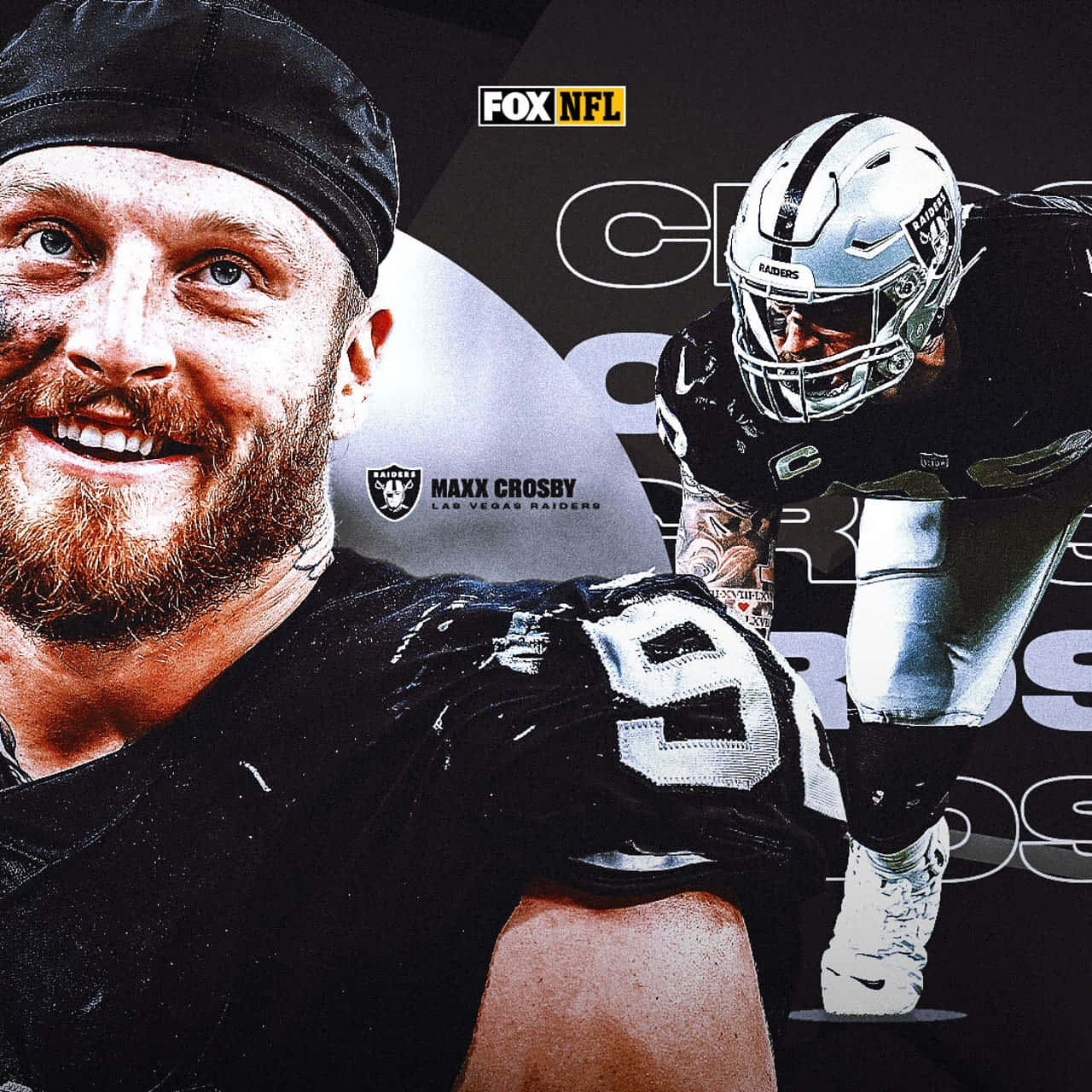 Las Vegas Raiders 桌布 壁紙 — 一名微笑的美式足球員身穿黑色球衣，號碼99，以及戴著頭盔的自己在動作姿勢中的版本。