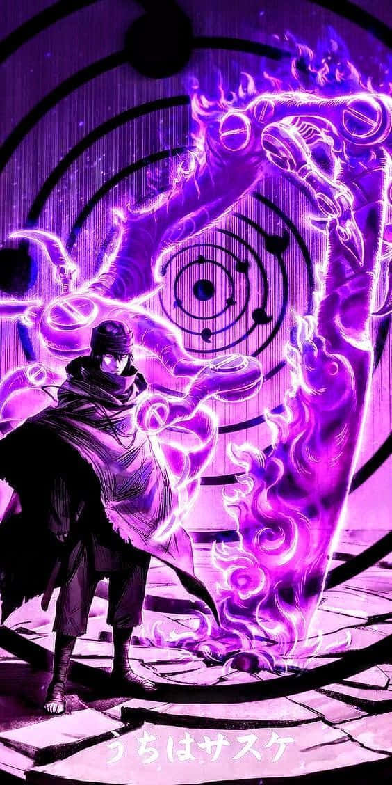 Purple Sasuke 桌布 壁紙 — 一名忍者在一個被旋轉能量包圍的圓形封印中釋放出一條發光的紫色查克拉龍。