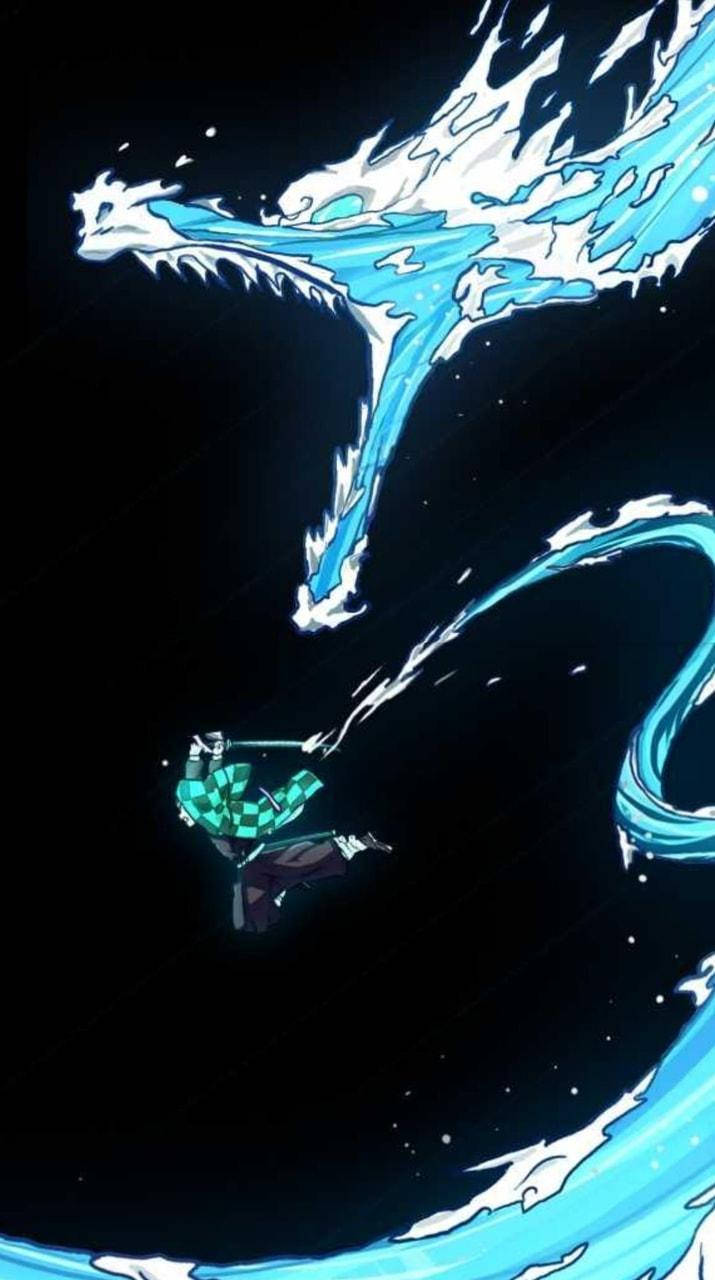 鬼滅之刃 炭治郎 桌布 壁紙 — 一名忍者在一片繁星點點的夜空下，與一隻巨大的發光藍色水龍戰鬥。