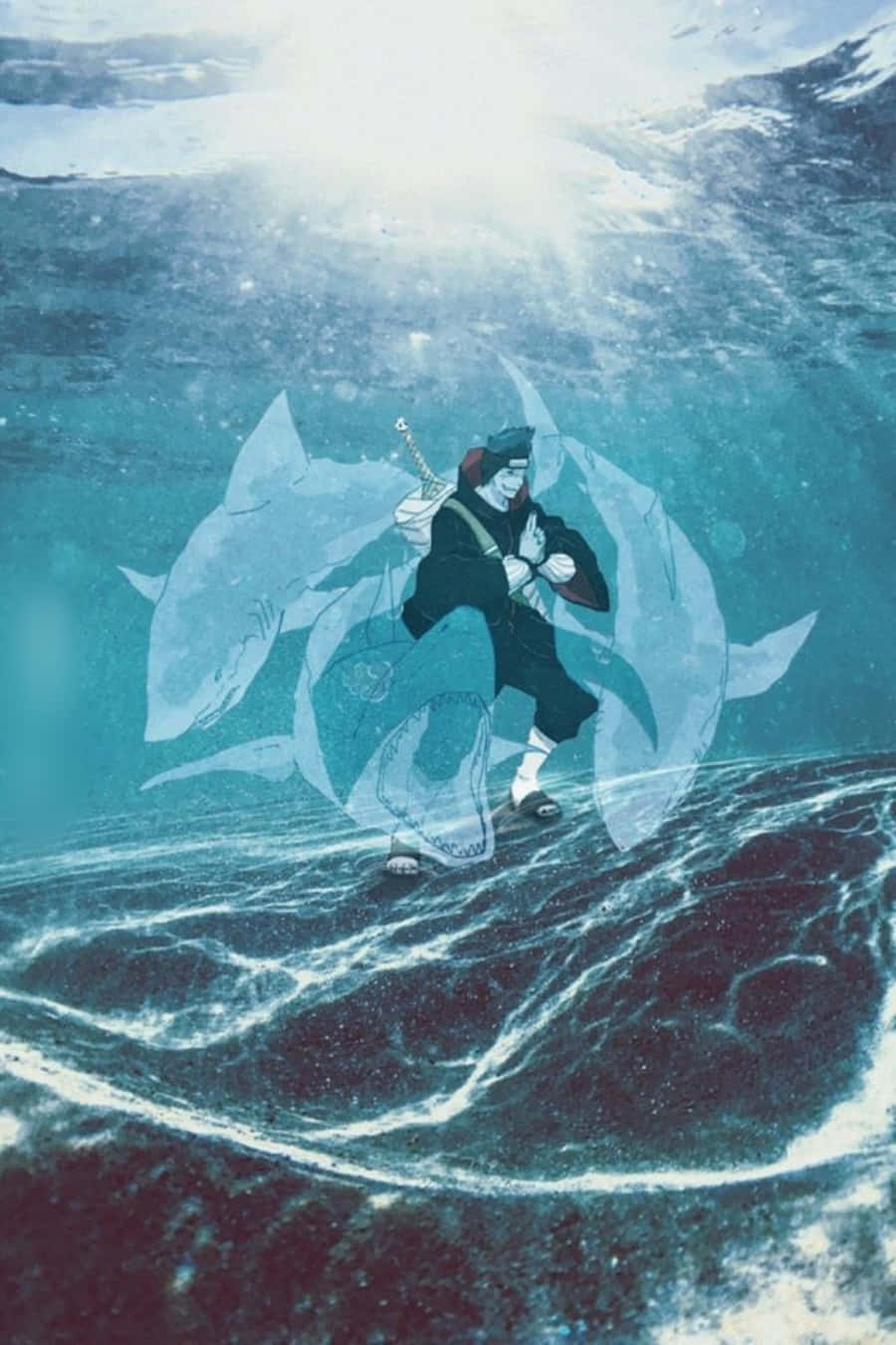  壁紙 — 一名忍者在旋轉的藍綠色海洋中，被半透明的鯊魚狀生物包圍，在水底擺出姿勢。
