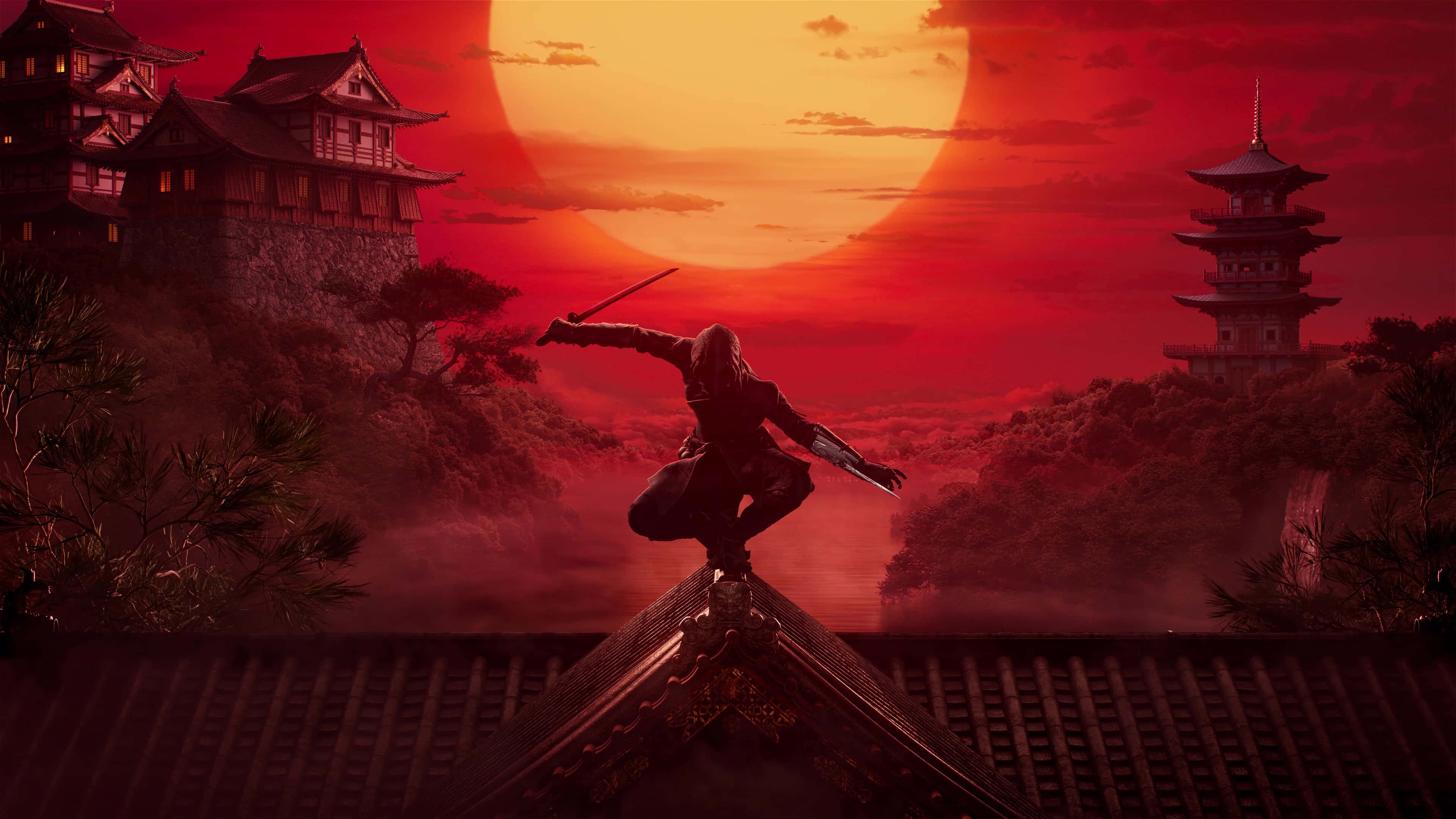 Feudal Japan 桌布 壁紙 — 一名忍者從屋頂躍下，背景是火紅的夕陽、傳統日式建築和一座寶塔。