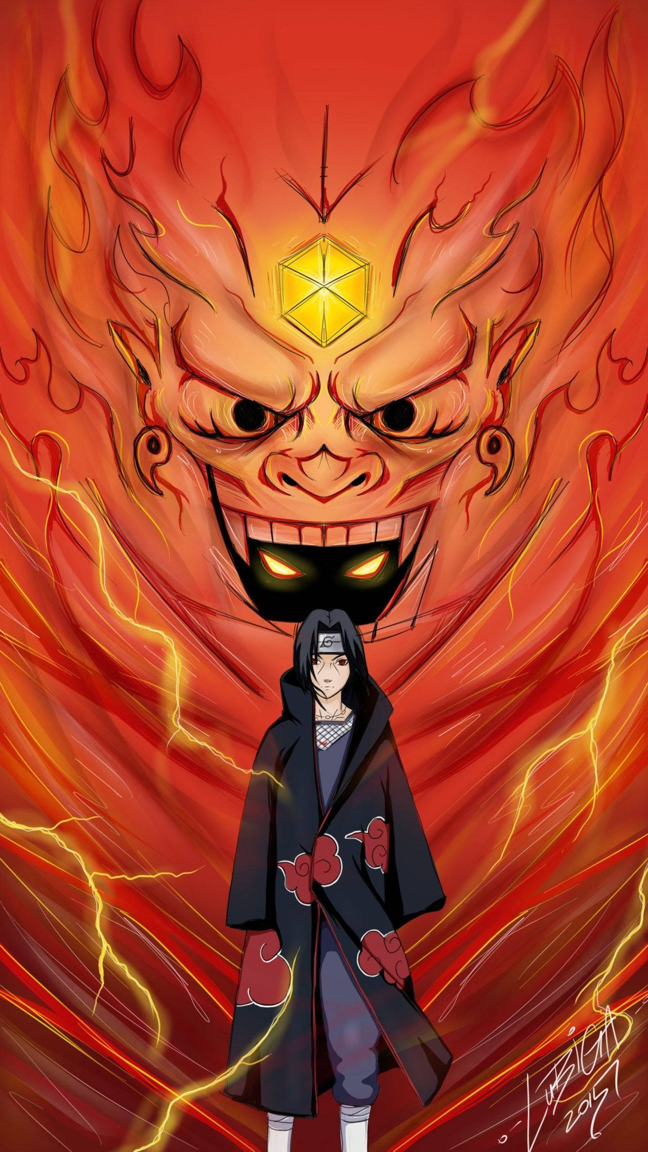 鼬 桌布 壁紙 — 一名忍者站在一個巨大的火焰惡魔面前，惡魔有發光的眼睛和金色封印，周圍環繞著劈啪作響的閃電和強烈的紅色火焰。