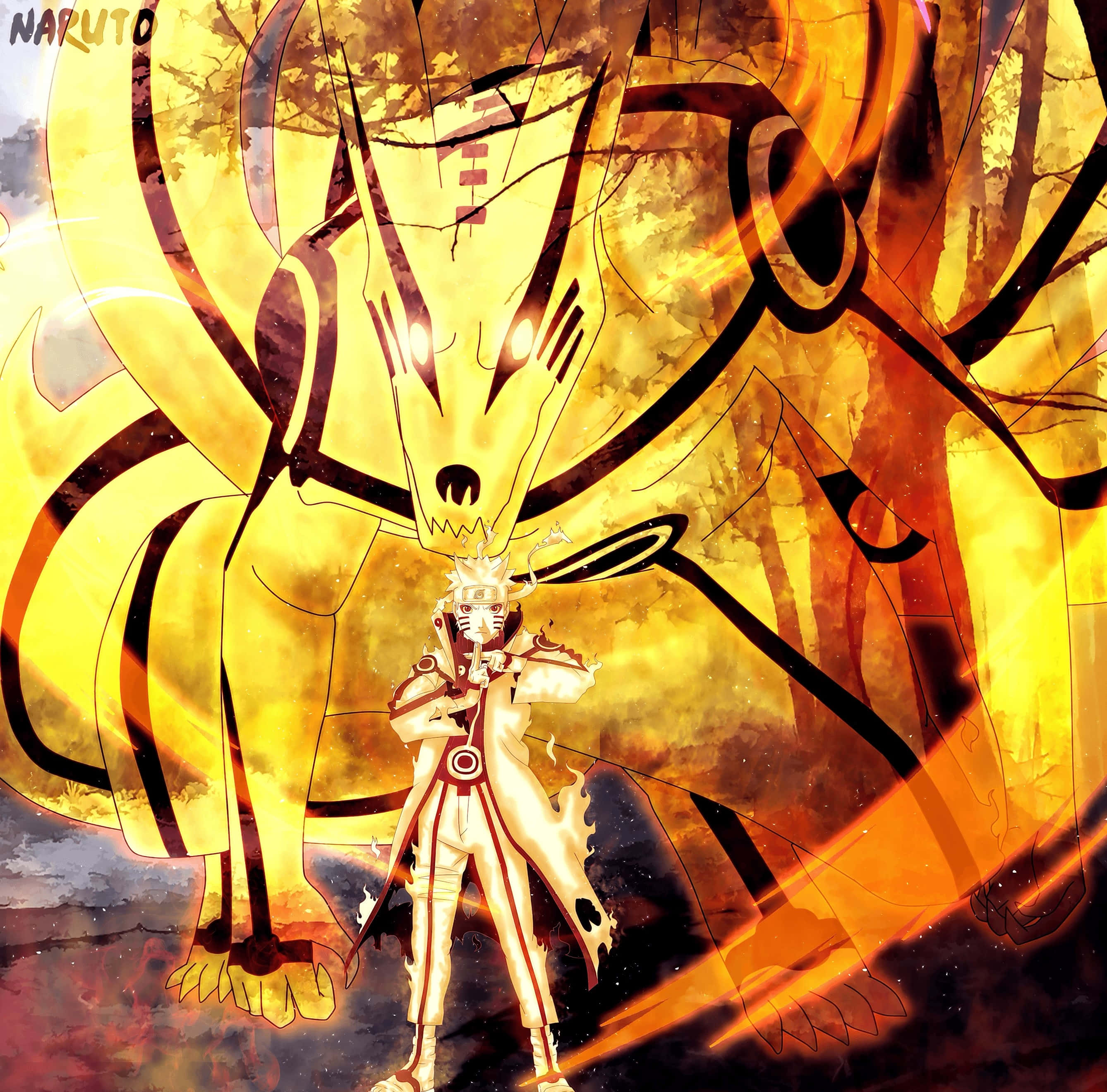 Naruto Sage Mode 桌布 壁紙 — 一名忍者站在一隻巨大的金色九尾狐面前，狐狸眼睛發光，帶有火焰光環，背景是黑暗的森林。