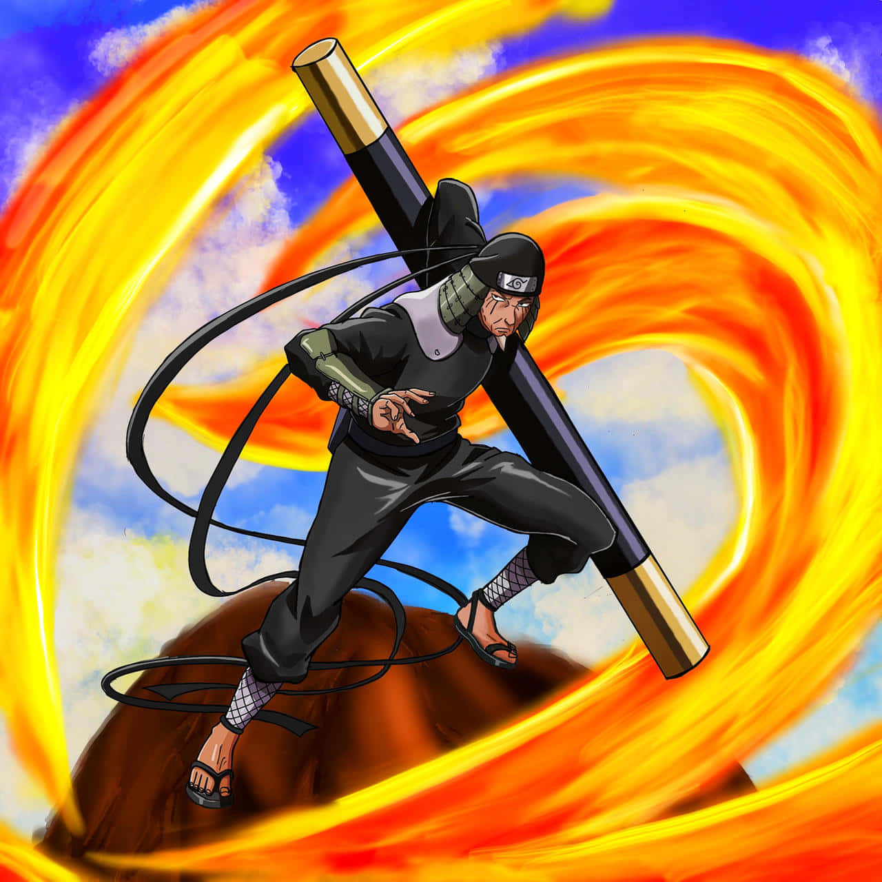 Third Hokage 桌布 壁紙 — 一名忍者站在岩石上，揮舞著巨大的法杖，周圍環繞著旋轉的火焰能量，背景是藍天。