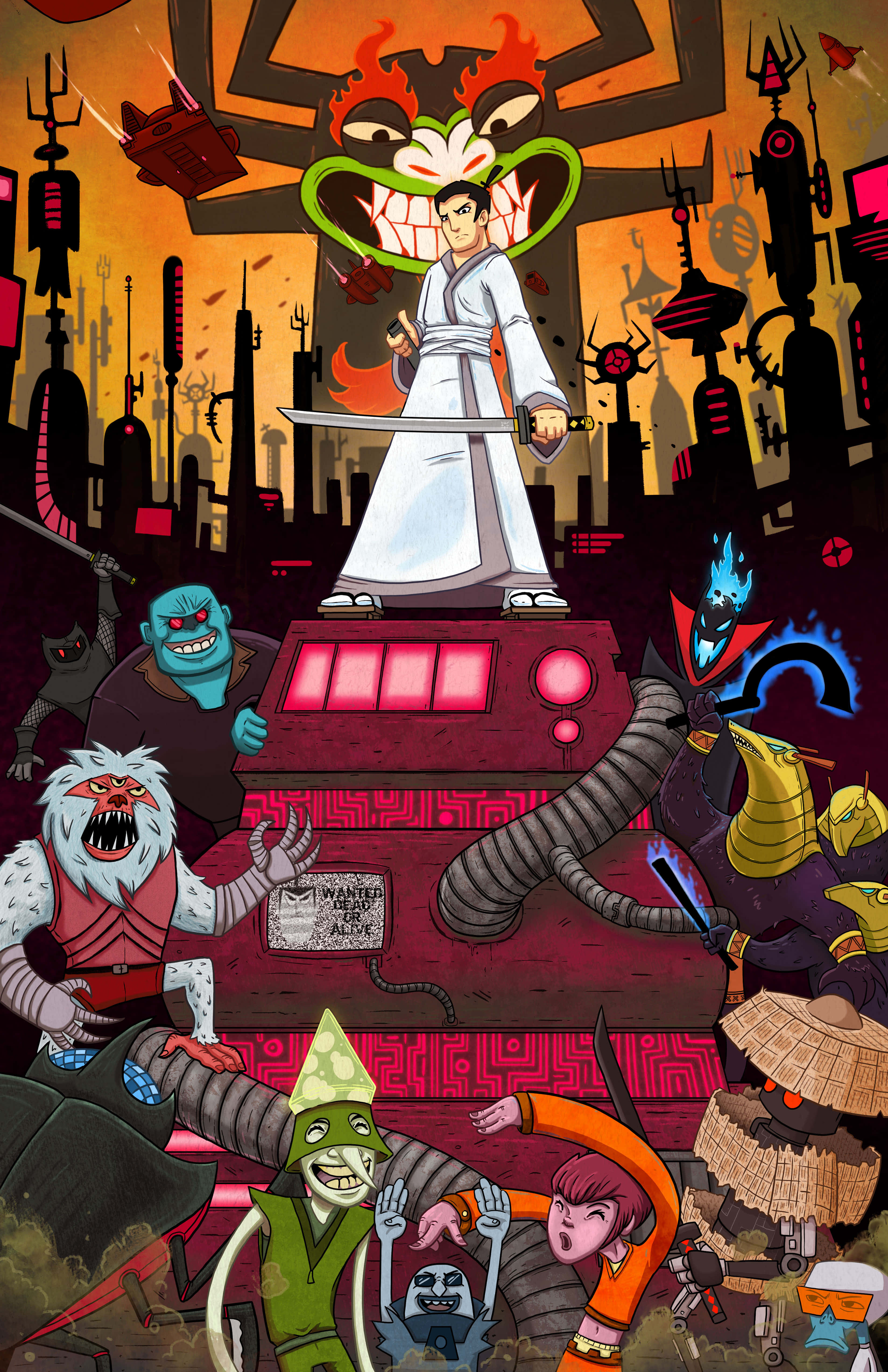 samurai jack 桌布 壁紙 — 一名忍者站在發光的機器上，被混亂的怪物包圍，身處火海般的城市噩夢中。