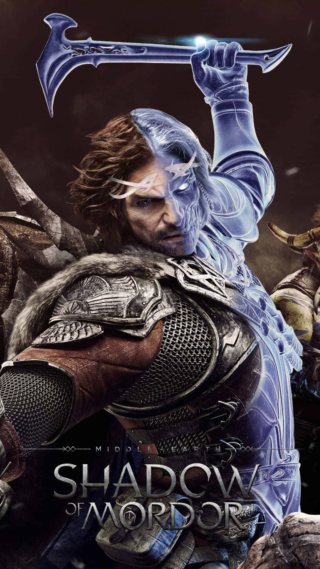 Android Shadow Of Mordor 桌布 壁紙 — 一名戰士半邊臉發出藍光，身穿黑暗奇幻盔甲揮舞著一把巨斧。