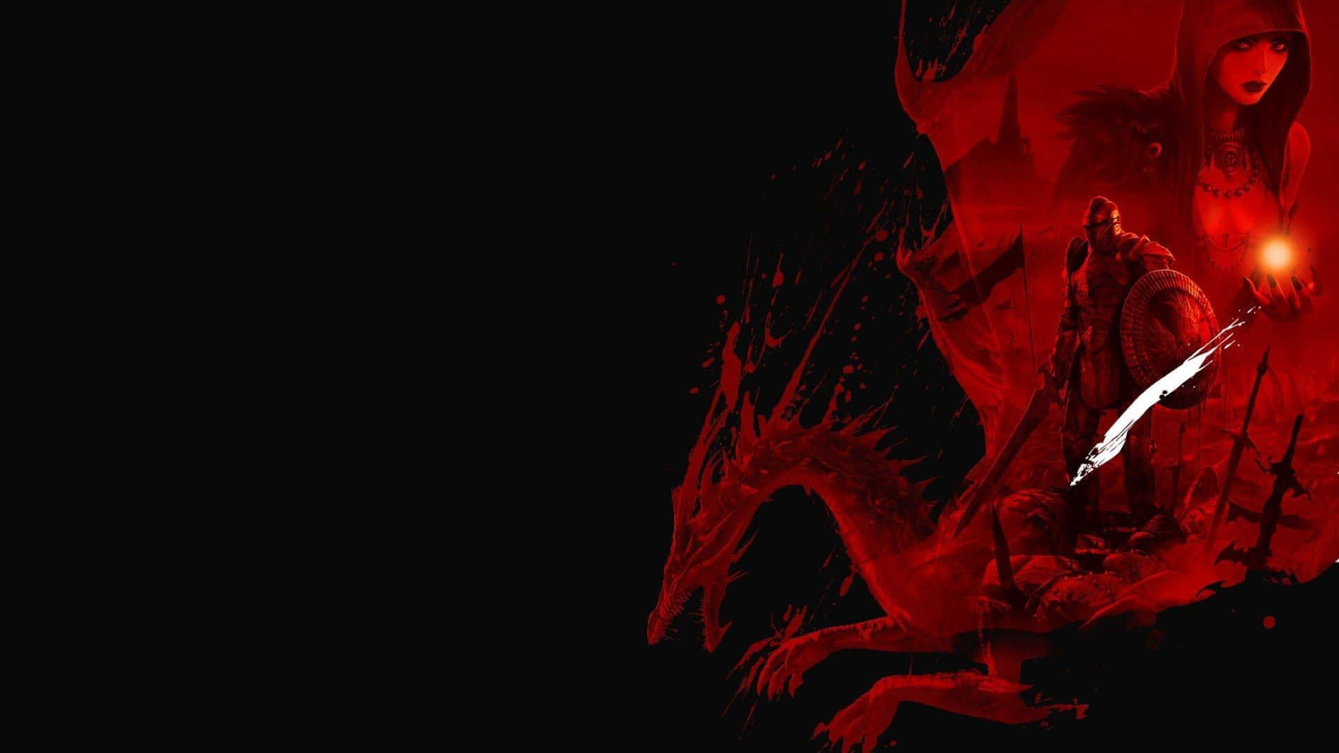 Red Gaming 桌布 壁紙 — 一名戰士和一個戴兜帽的人物在黑暗、血紅色的奇幻戰鬥場景中，挑釁地對抗一隻巨大的紅色巨龍。