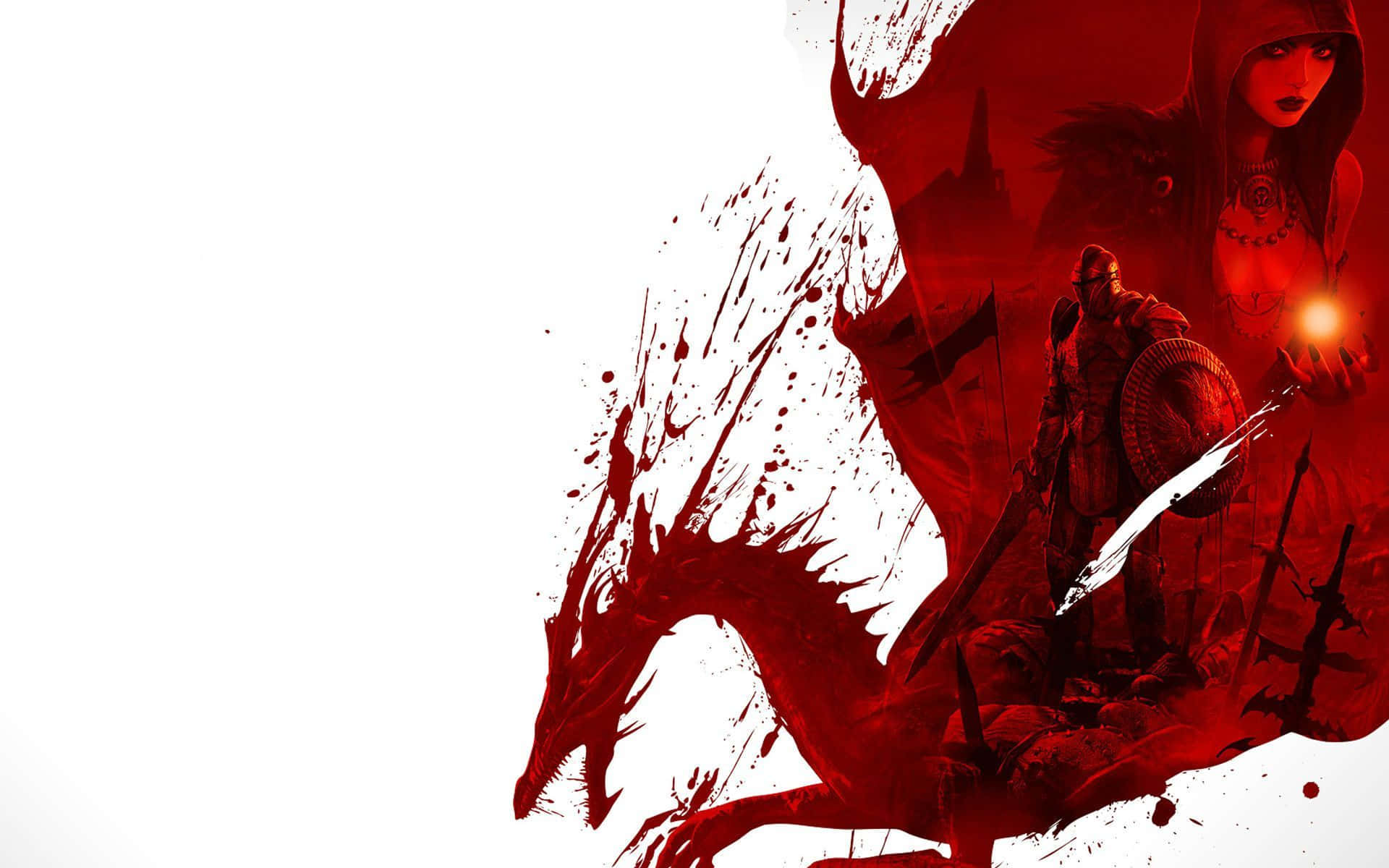 Red Gaming 桌布 壁紙 — 一名戰士和戴兜帽的人物站在白色背景上，周圍是紅色飛濺和劍。