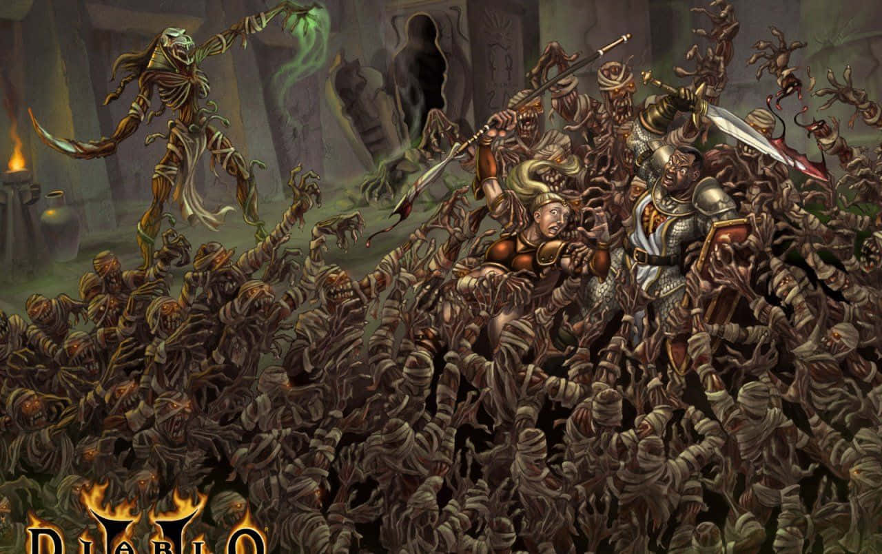 Diablo 2 Resurrected 桌布 壁紙 — 一名戰士和聖騎士在黑暗的地下城中與一群木乃伊戰鬥，伴隨著發光的綠色魔法。