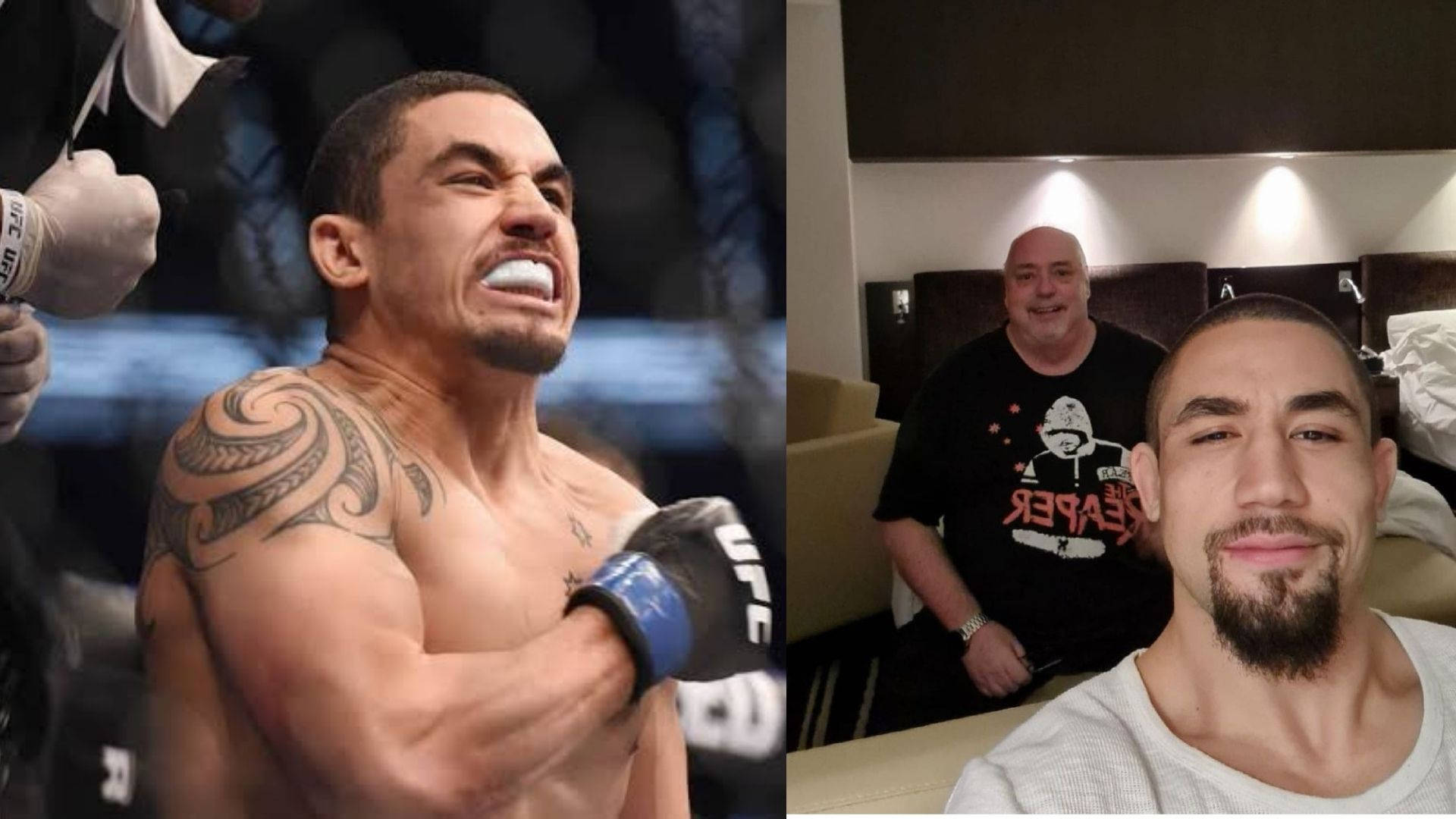 UFC 桌布 壁紙 — 一名戰士在UFC八角籠中咆哮，而自拍照顯示他在酒店房間裡微笑地站在一名男子旁邊。