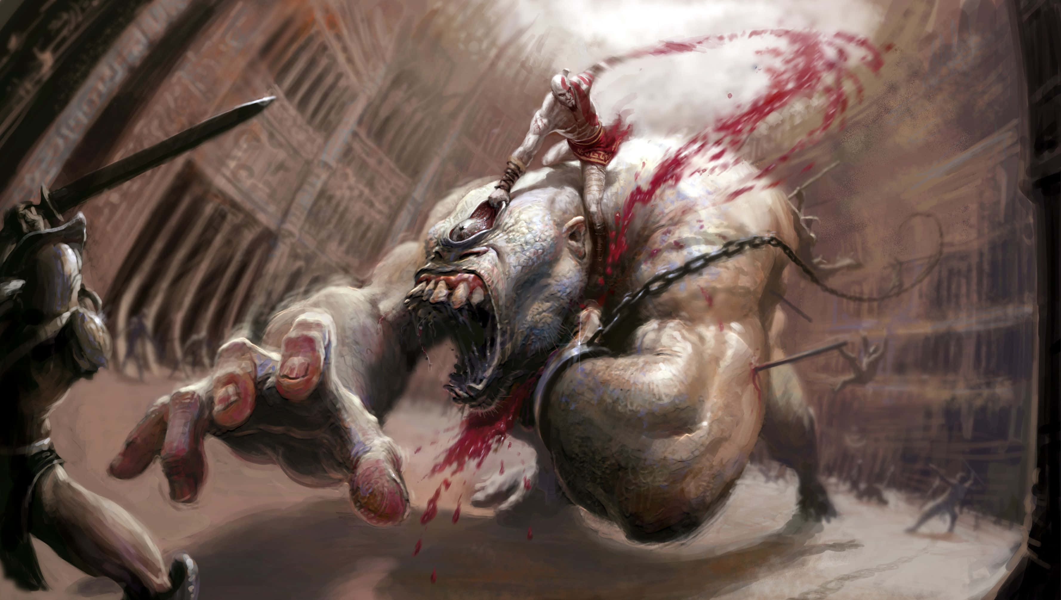 God Of War 3 桌布 壁紙 — 一名戰士在一個粗糙、 crumbling 的城市競技場中，向一隻沾滿鮮血的怪物猛砍。
