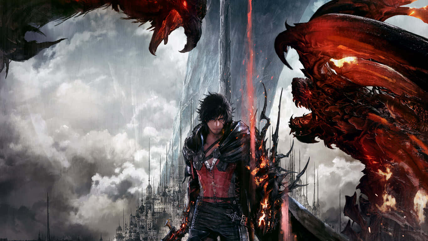 1366x768 Dragon Age Inquisition 桌布 壁紙 — 一名戰士在哥德式城市上空暴風雨的天空下，挑釁地站在兩條巨大的火焰龍之間。