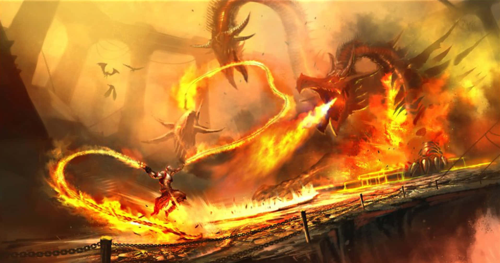 Epic Dragon 桌布 壁紙 — 一名戰士在搖搖欲墜的橋上揮舞著火焰鞭，與一頭巨大的火龍展開混亂的戰鬥。