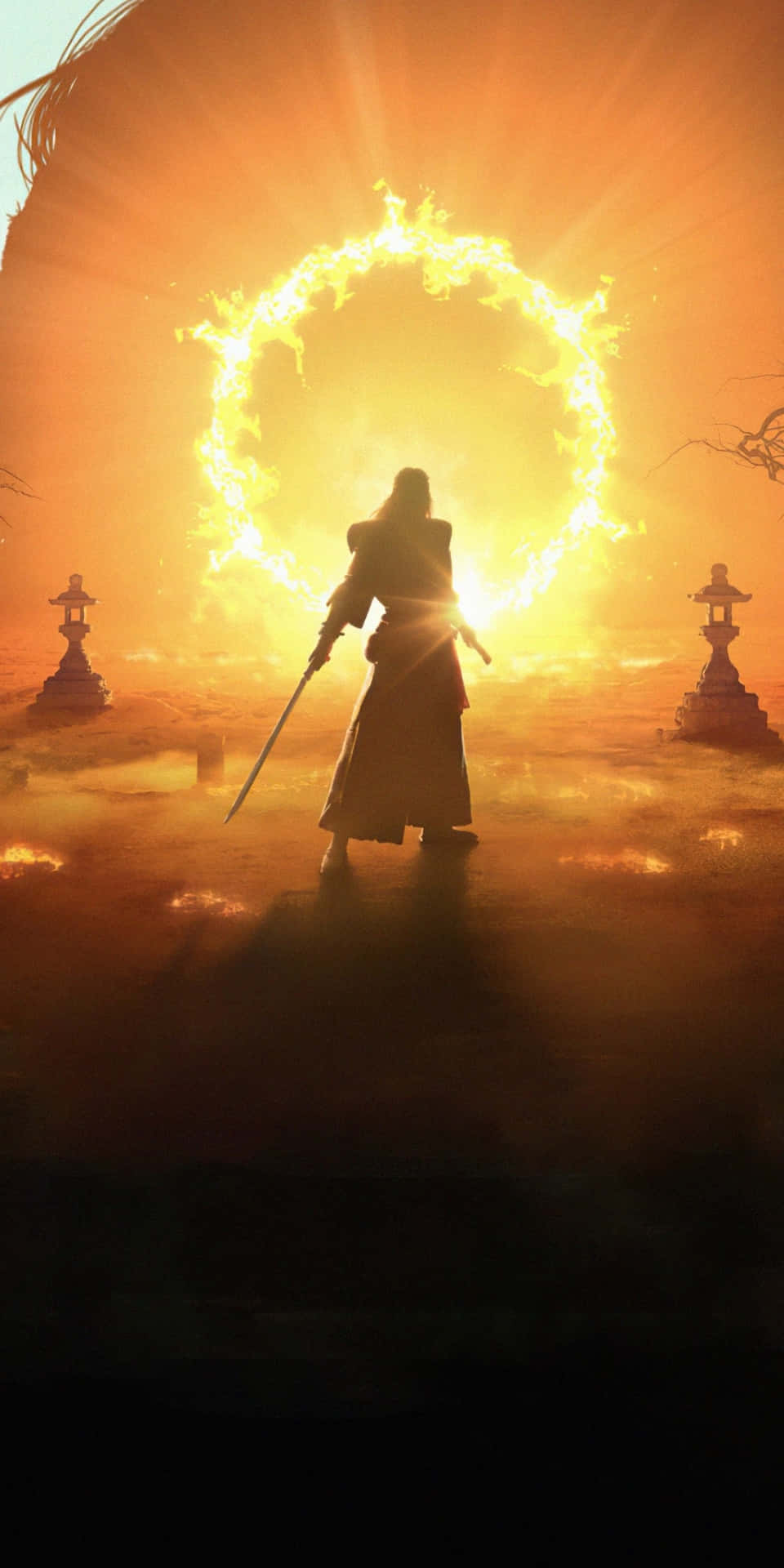 電玩遊戲 桌布 壁紙 — 一名戰士在日落時分站在熾熱的火環前，在神秘的戰場上投下長長的影子。