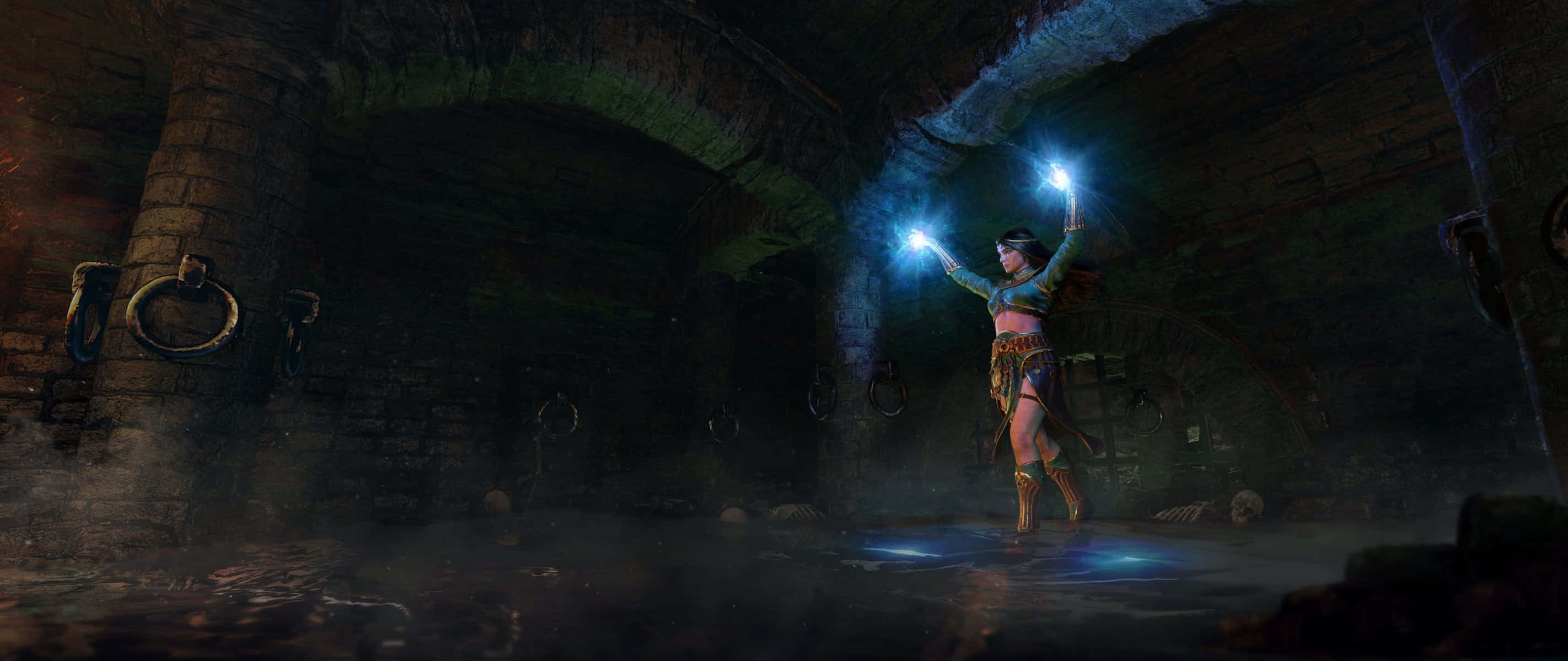 Diablo 2 Resurrected 桌布 壁紙 — 一名戰士在昏暗的地牢中手持發光的藍色球體，將空靈的光芒投射在古老的石牆和懸掛的鎖鏈上。